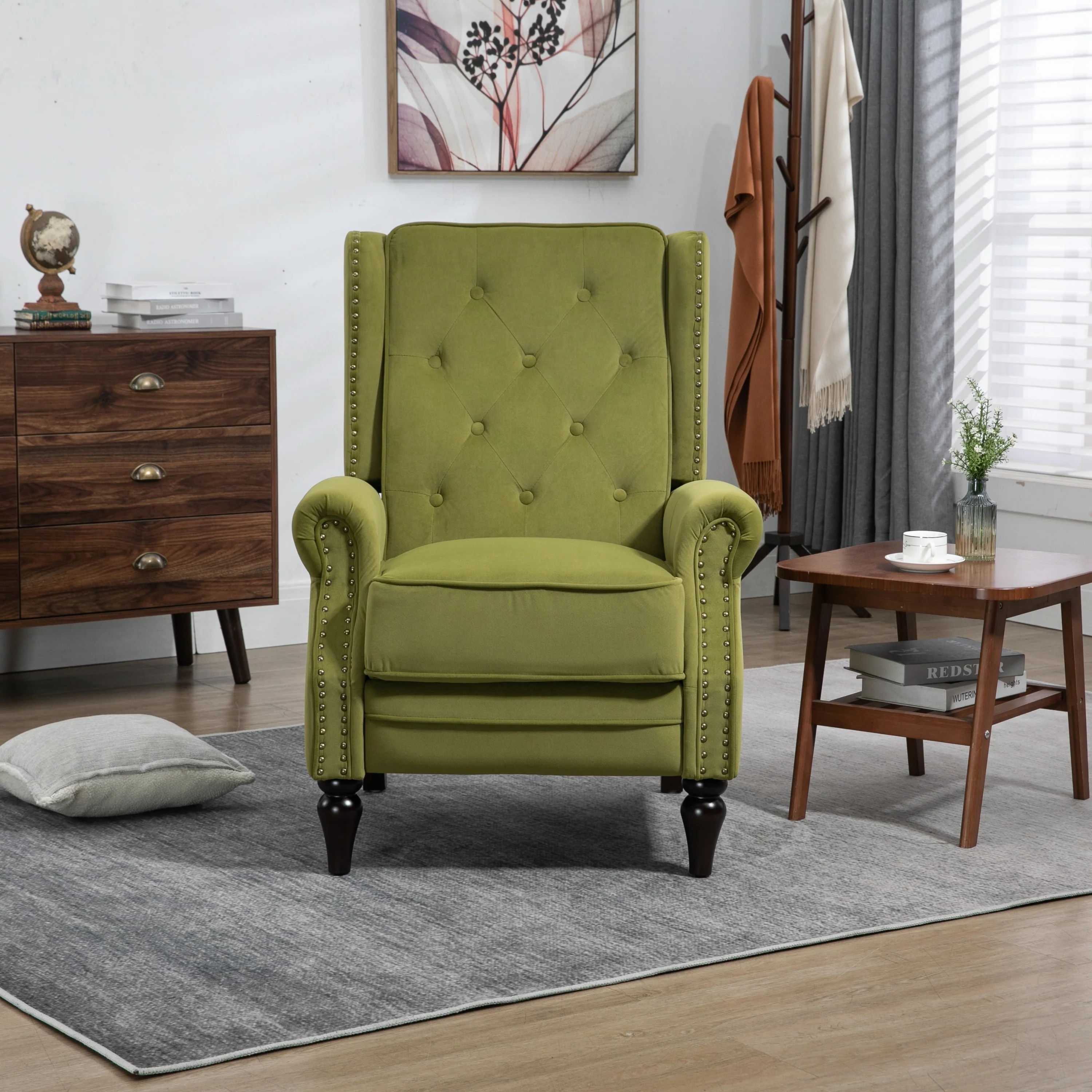 Velvet Upholstered Nailhead Tufted Recliner Chair with Black Legs