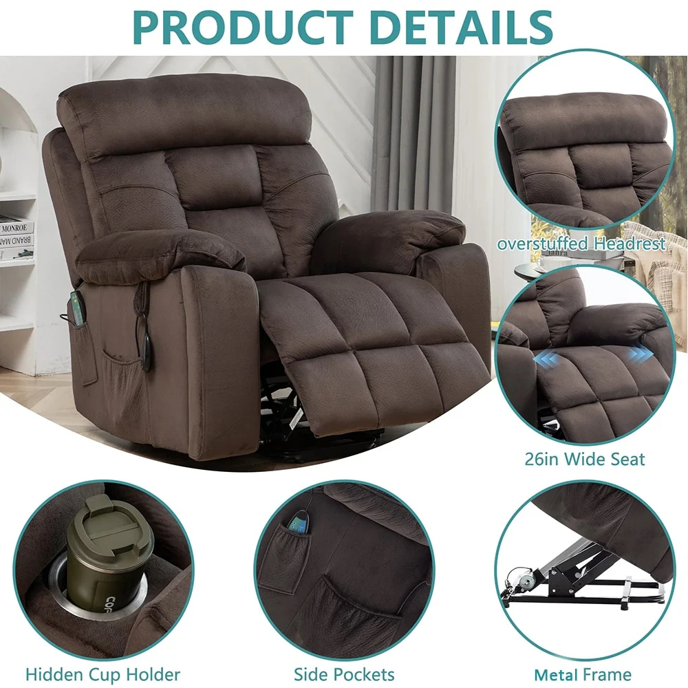Large Electric Massage Lift Recliner with Heat, Hidden Cup Holder