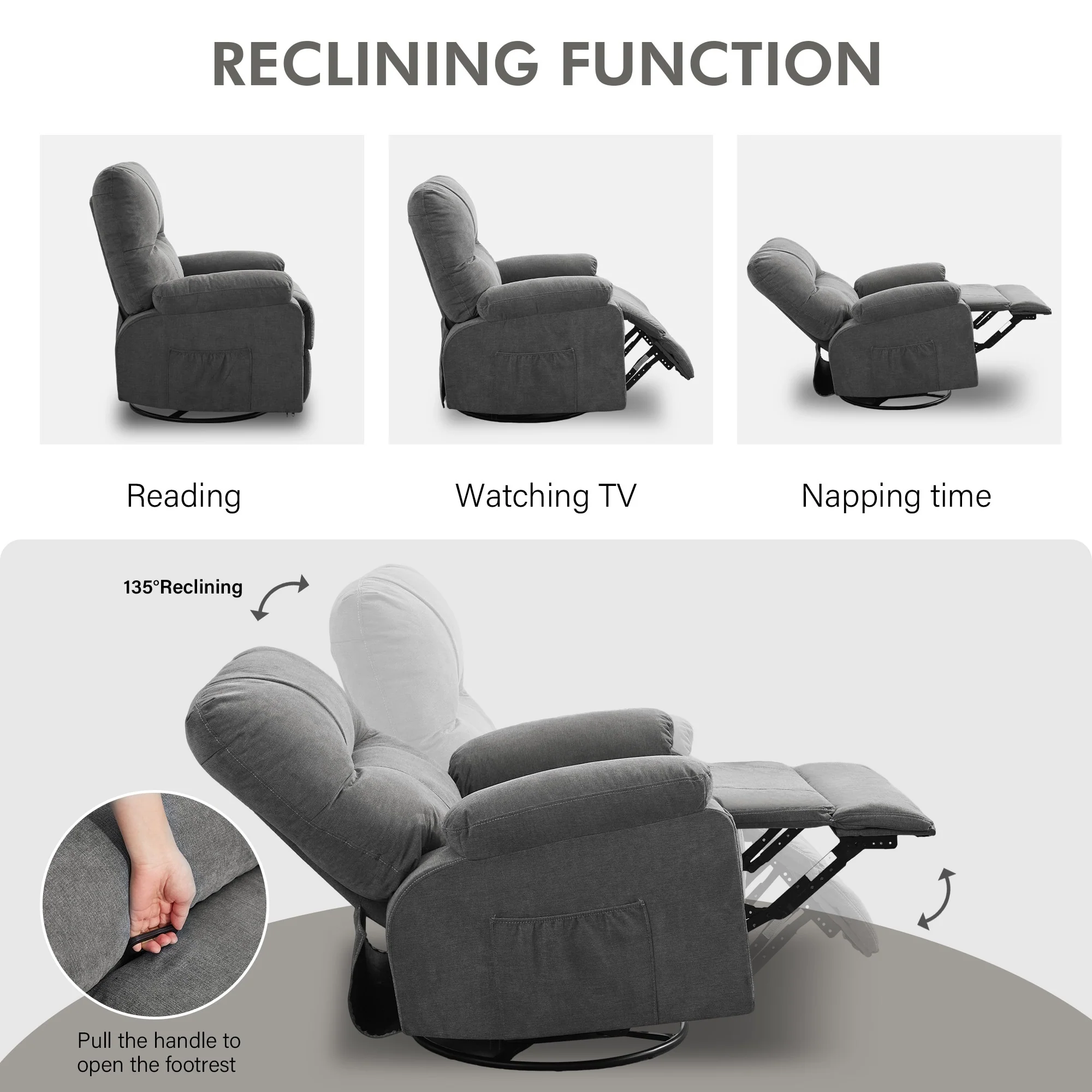 360�� Rotating Recliner Chair with Adjustable Backrest, Swivel Rocking Armchair with Footrest, Soft Cushions & Side Pockets