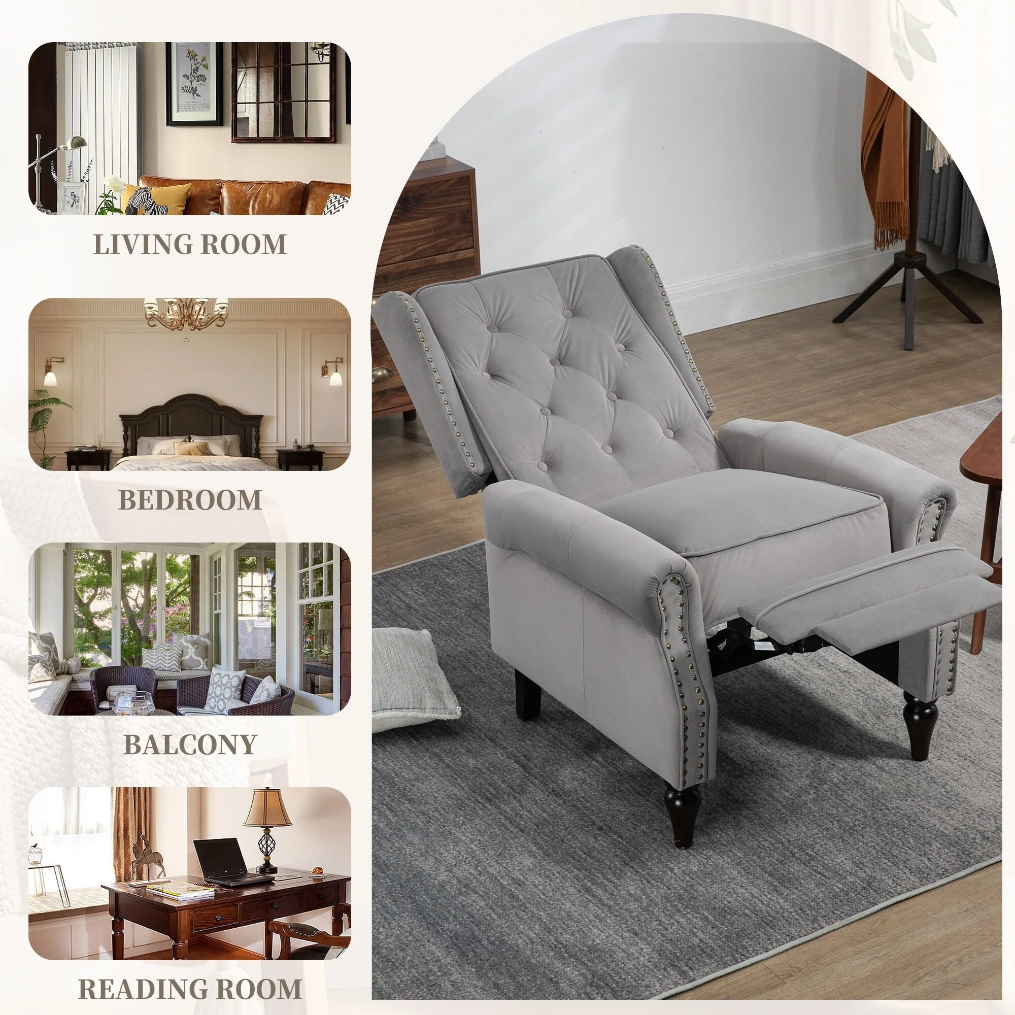 Velvet Upholstered Nailhead Tufted Recliner Chair with Black Legs