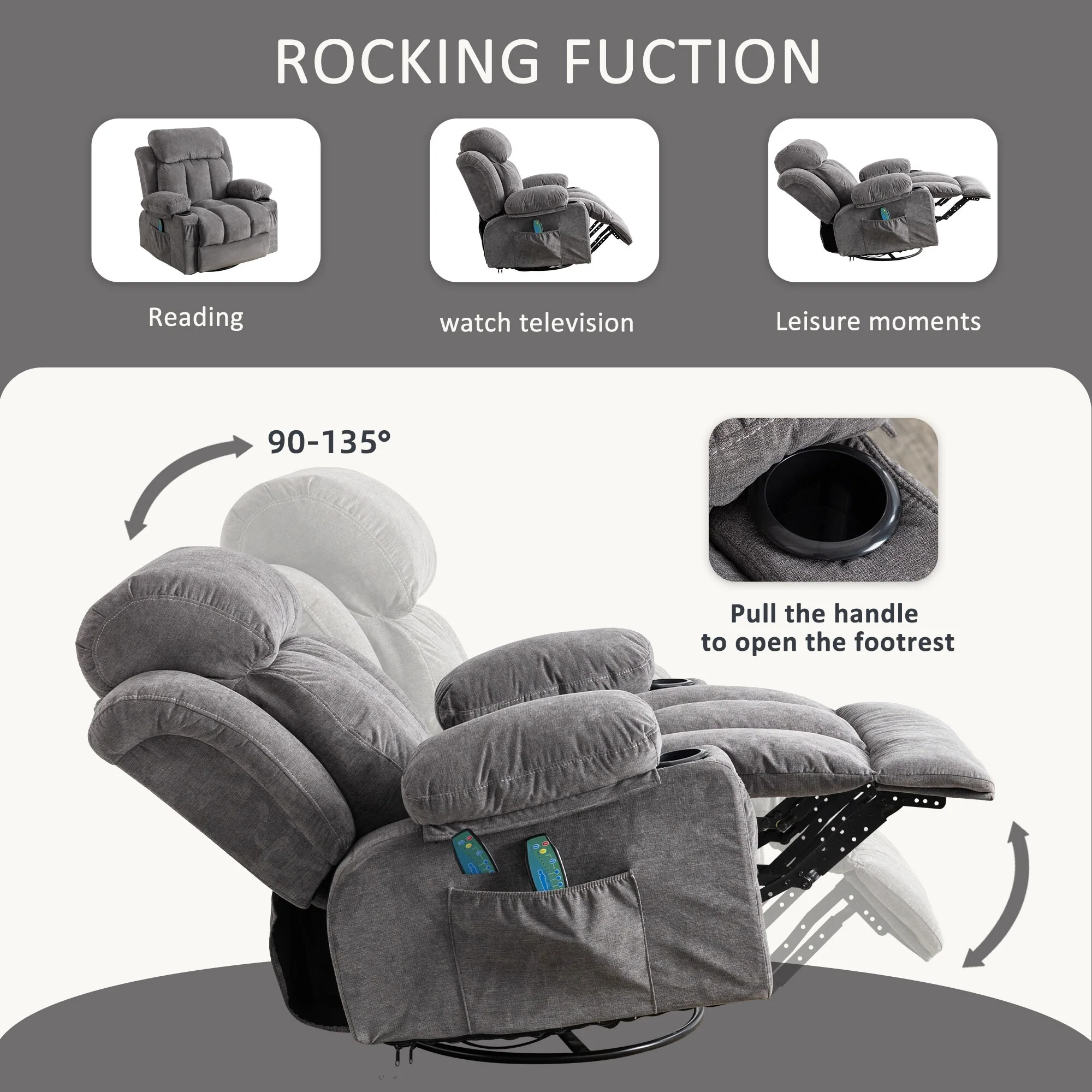360�� Swivel Recliner with Massage, Heat, USB Charging, Dual Cup Holders, and Spacious Side Pockets
