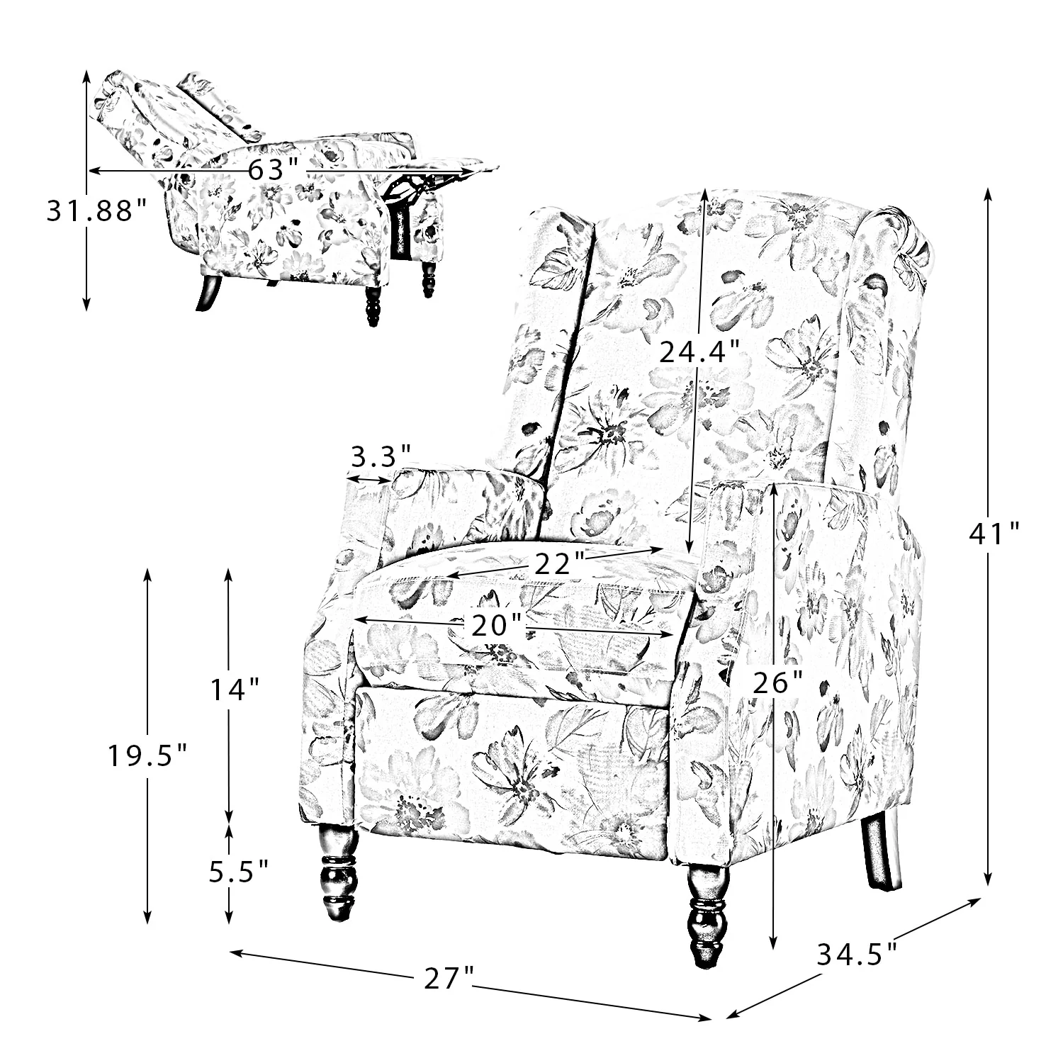 Damaris Mid-Century Modern Manual Pushback Recliner with Wingback Design Set of 2 by HULALA HOME