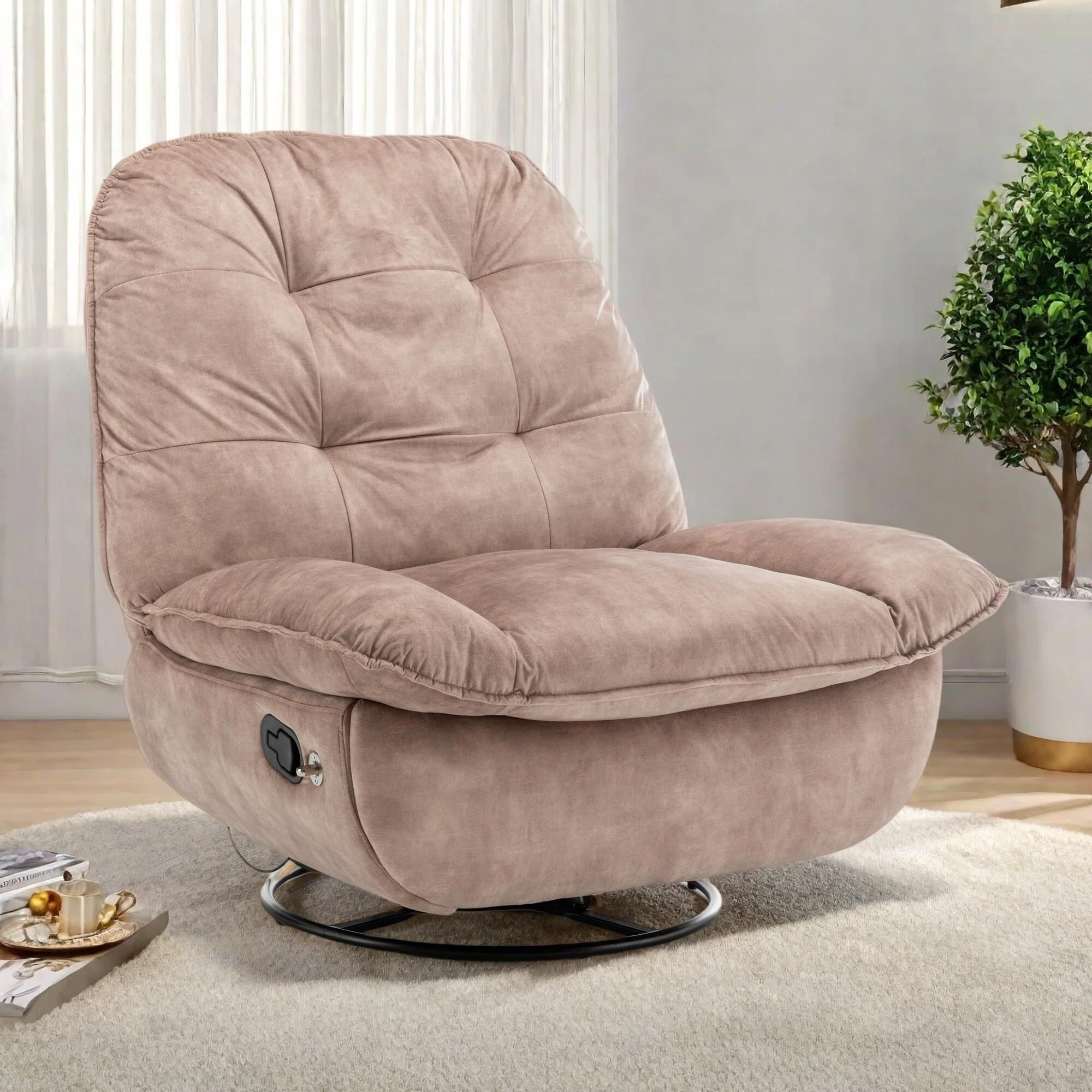 Velvet Oversized Recliner Chair with Rocking, Swivel, Removable Phone Holder, and Soft Cotton Padding