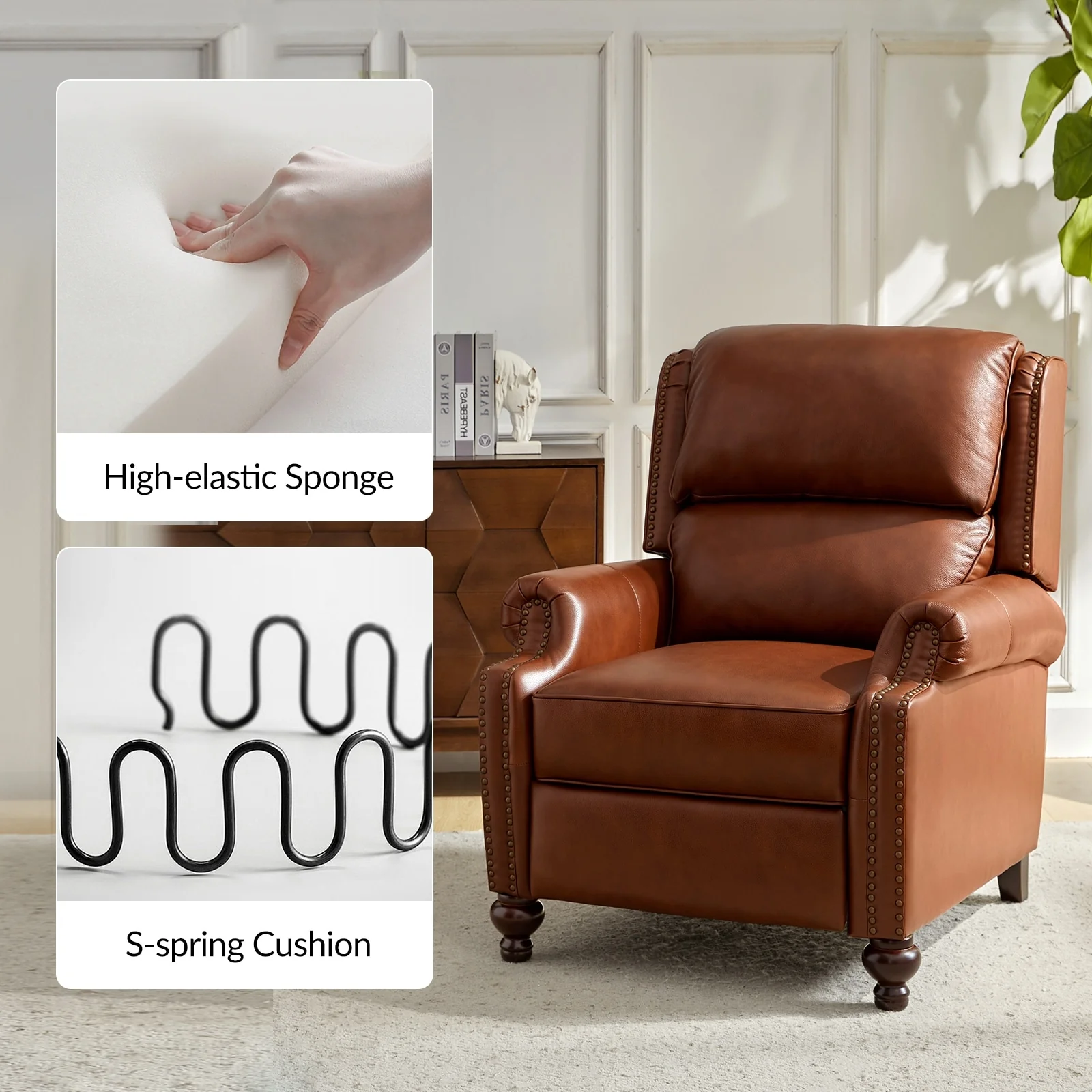 Gabriela Mid-Century Modern Genuine Leather Recliner with Tapered Block Feet by HULALA HOME