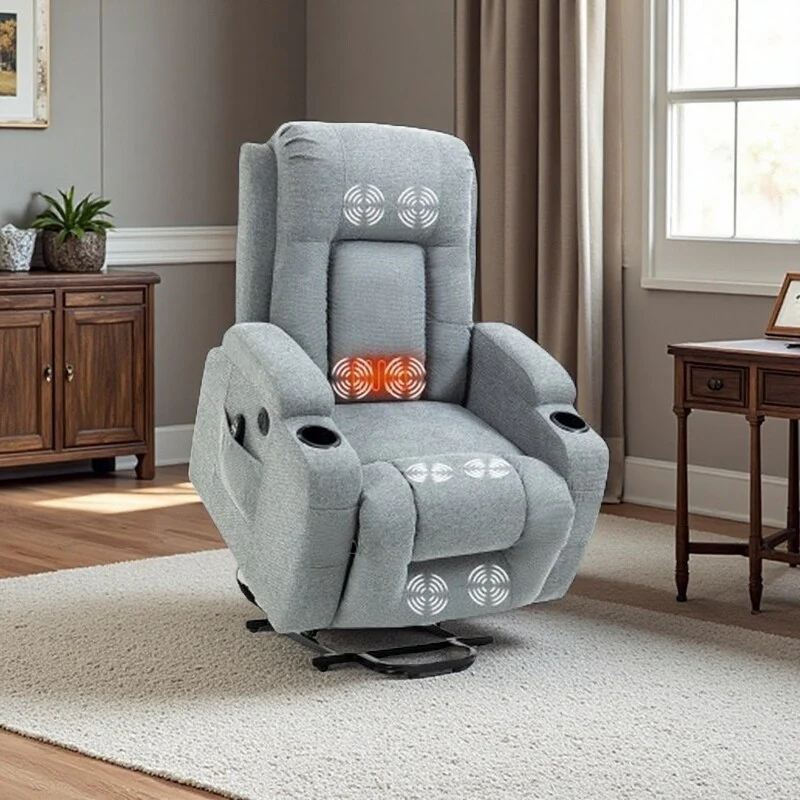 Power Lift Recliner with Massage & Lumbar Heat, USB Charging, Dual Cup Holders, and Spacious Side Storage
