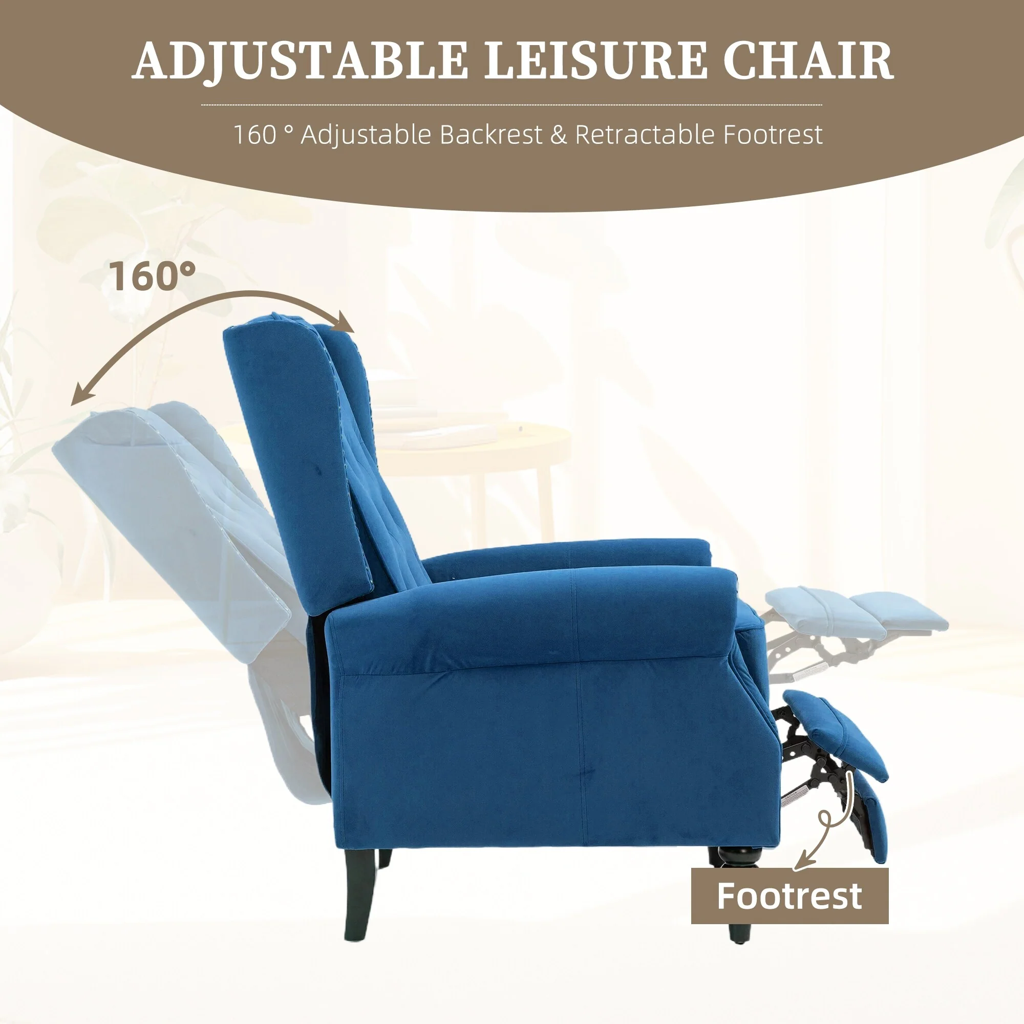 Velvet Upholstered Nailhead Tufted Recliner Chair with Black Legs