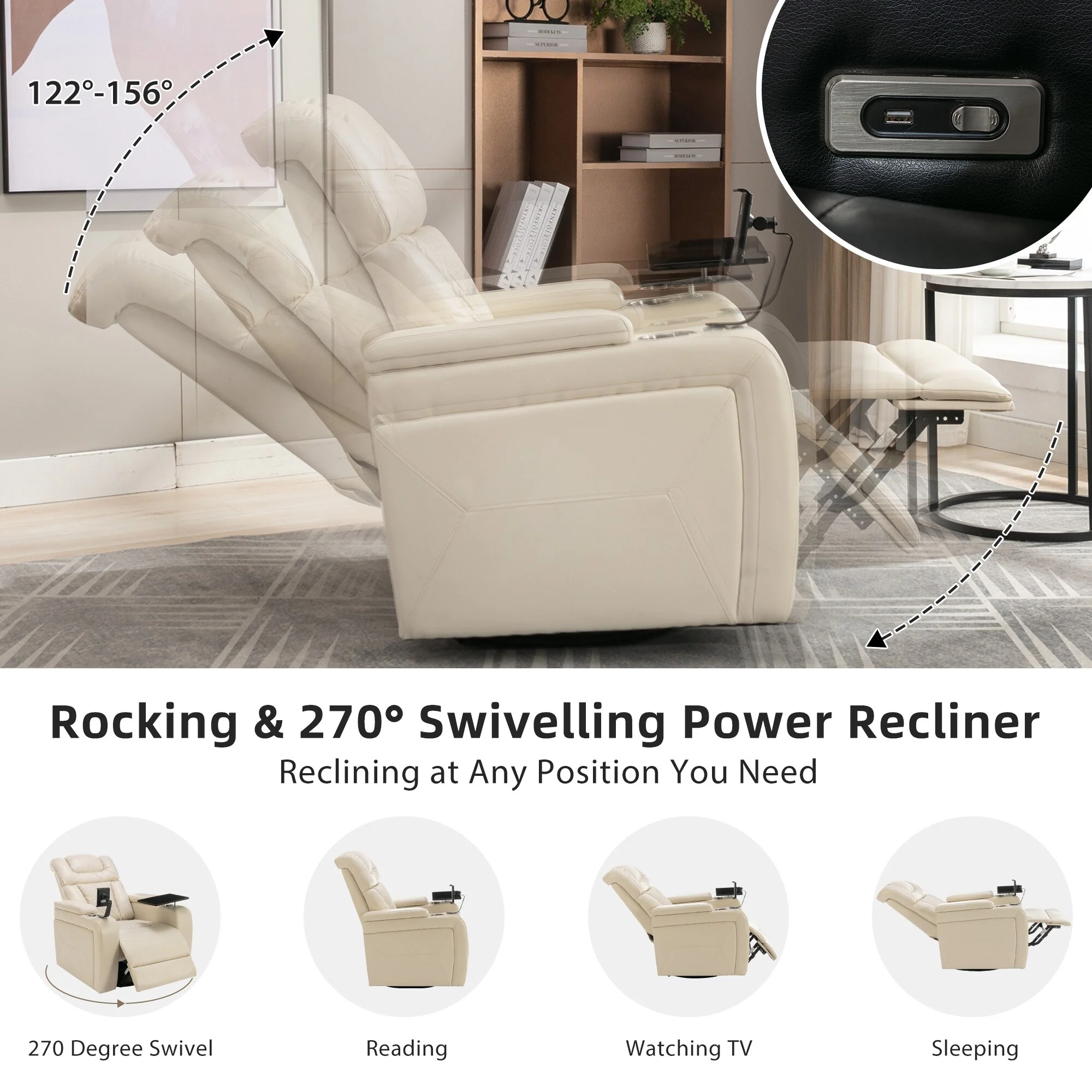Power Recliner Chair with 270�� Swivel, Tray, USB & Cup Holders