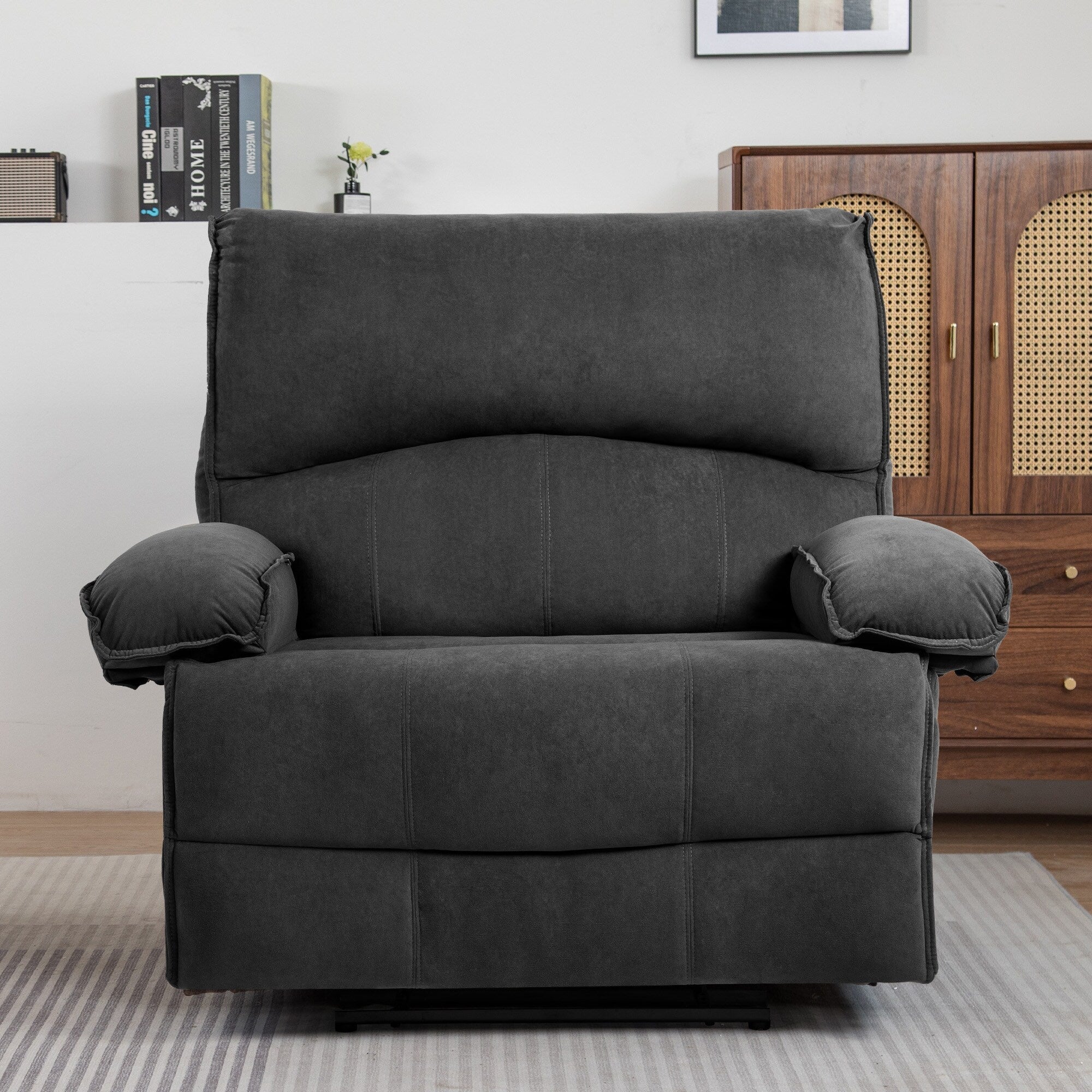 Grey Push-Back Recliner Sofa with Soft Fleece Upholstery and Heated Pillow