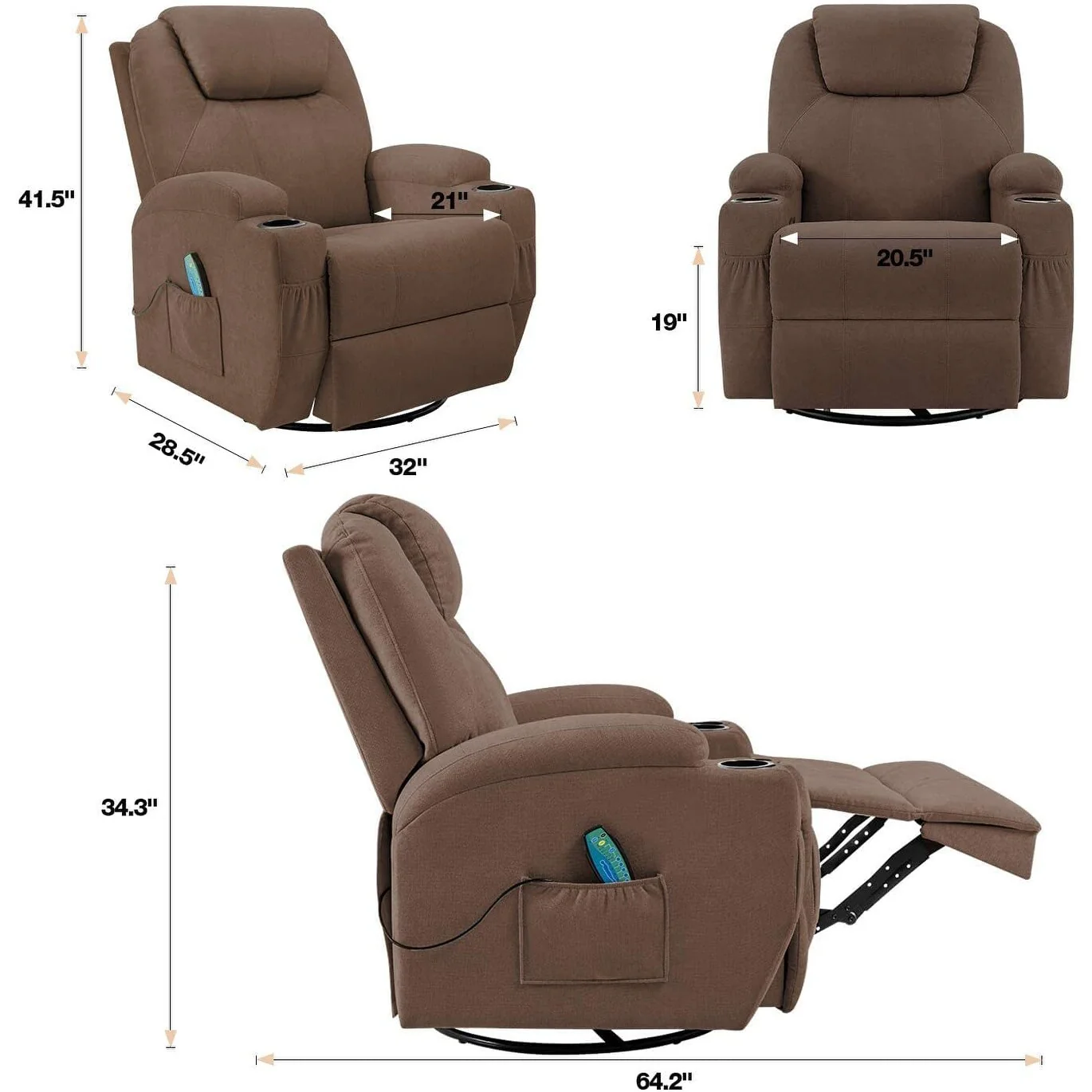 Furniwell Rotary Massage Heated Function Recliner Fabric Whirl