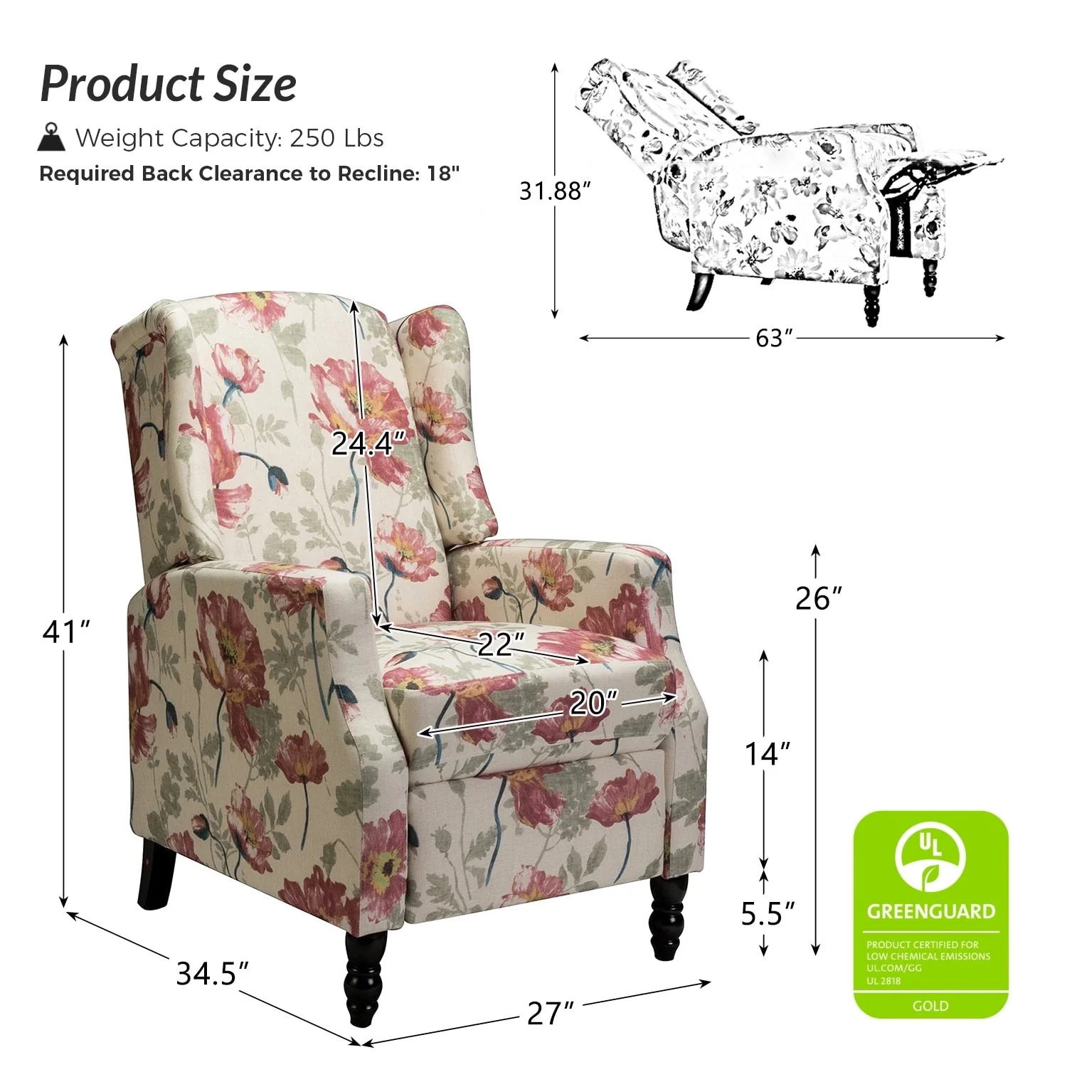 Damaris Mid-Century Modern Manual Pushback Recliner with Wingback Design Set of 2 by HULALA HOME