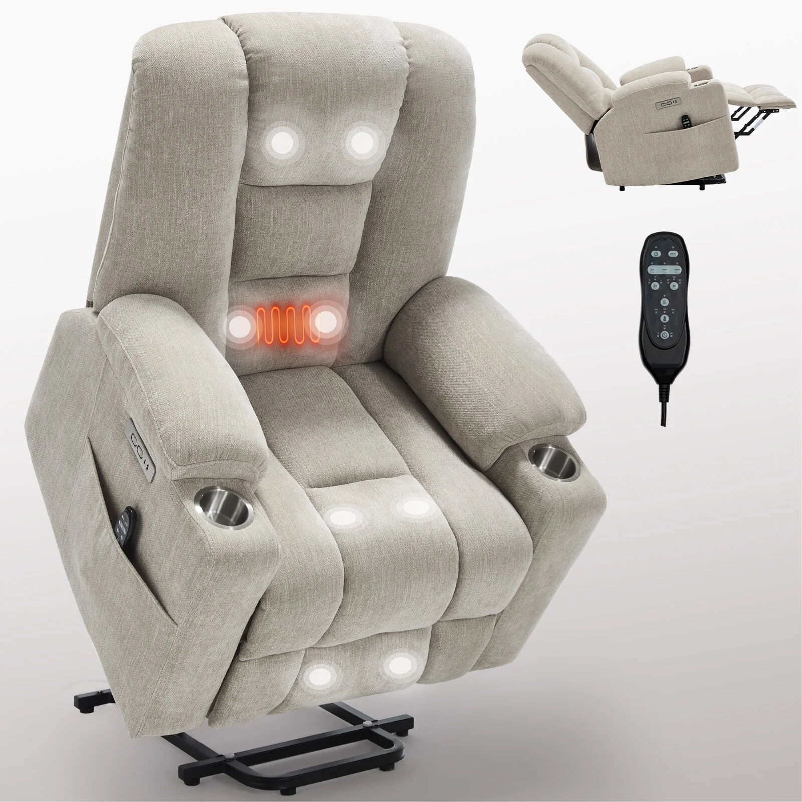 Power Lift Recliner Chair with Dual USB, Cup Holders & Chenille Fabric