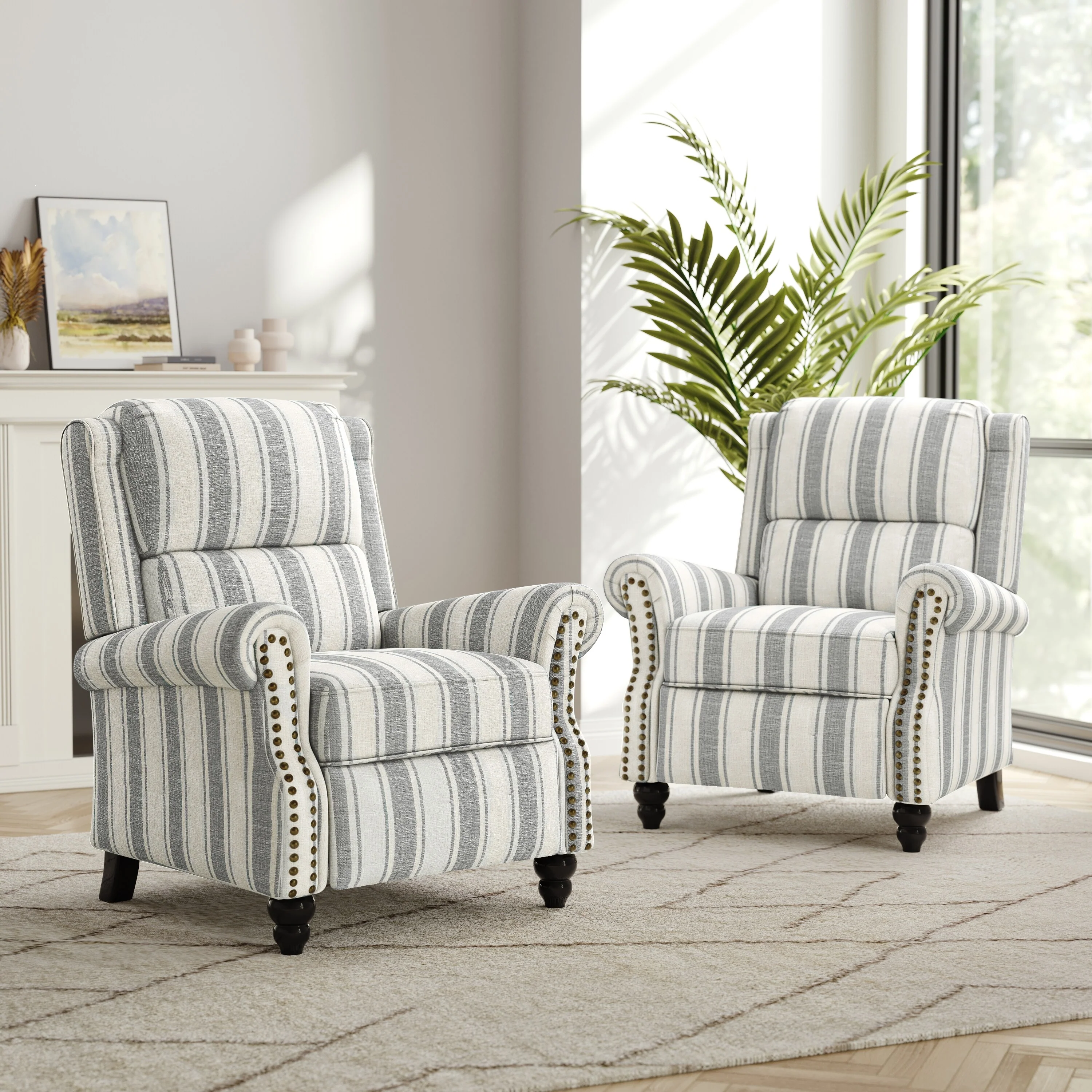 2 Set Nail-head Padded Seat Pushback Recliner Chair