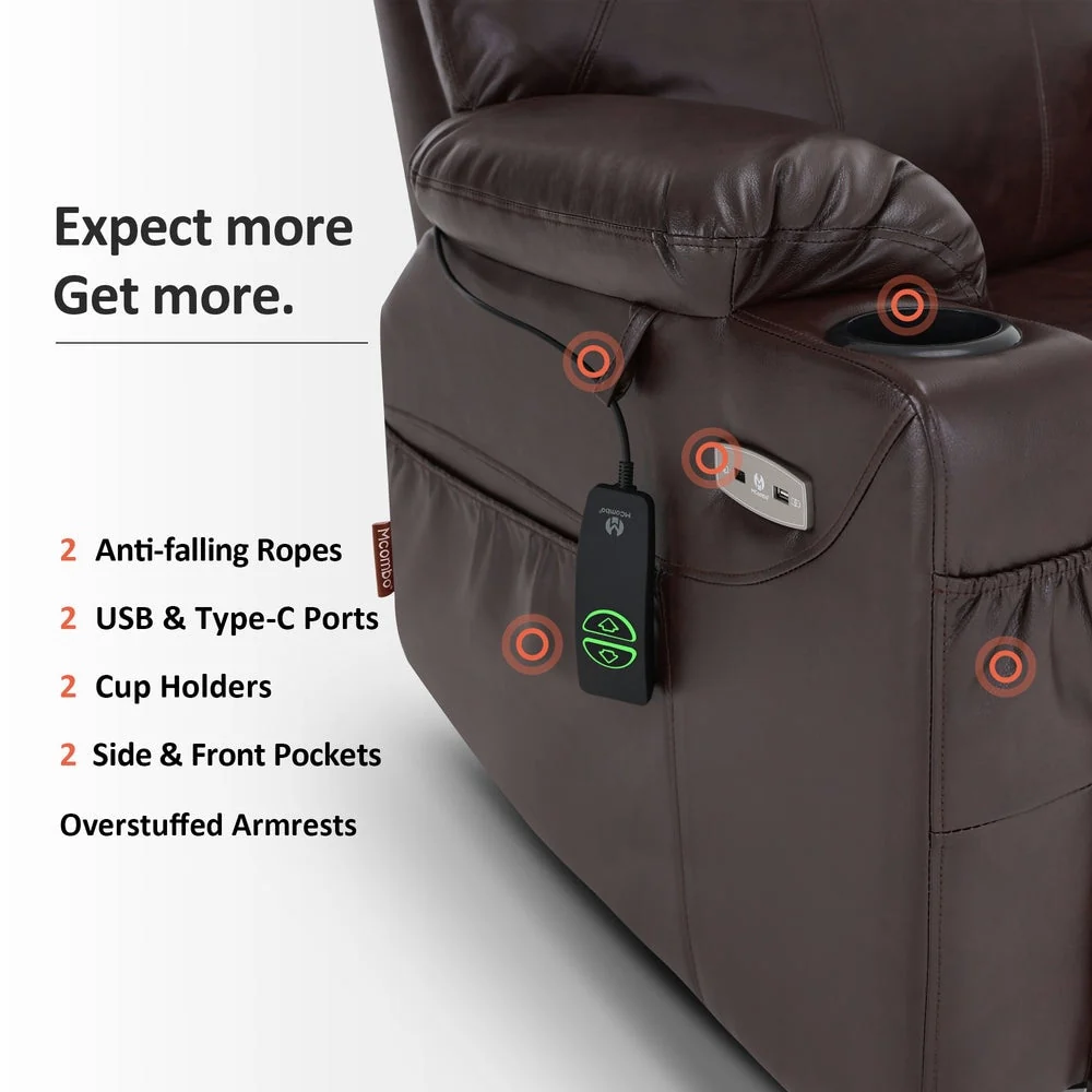 MCombo Large Power Lift Recliner Leather Chair with Massage, Heat, Cup Holders,Extended Footrest, Leather 7516