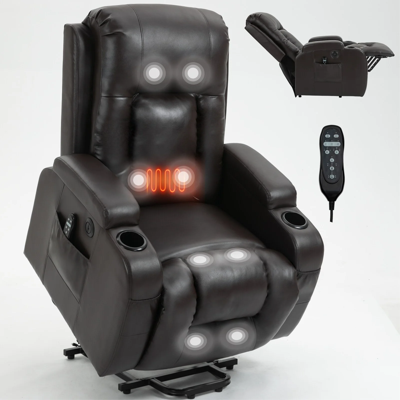 Black Power Lift Recliner with Vibration Massage, Lumbar Heat, USB Port, and Cup Holders for Senior Comfort