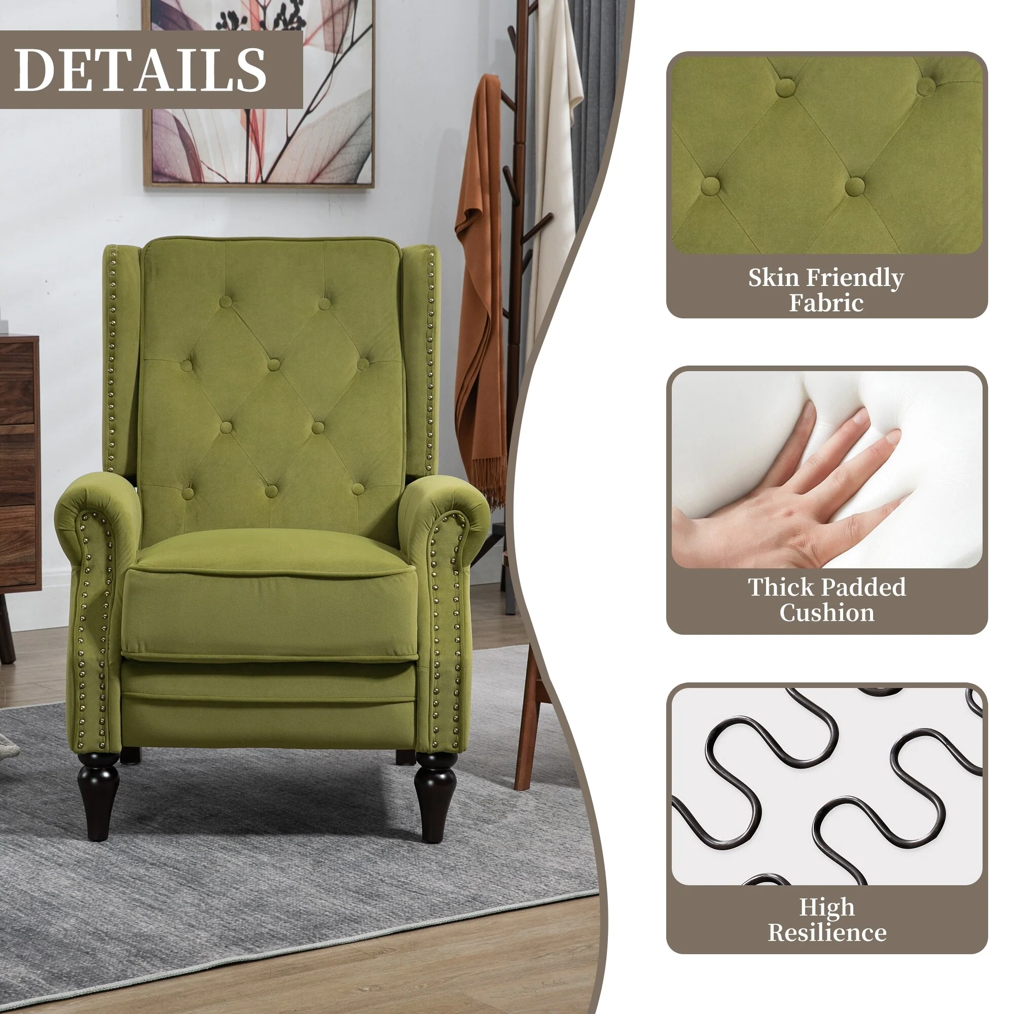 Velvet Upholstered Nailhead Tufted Recliner Chair with Black Legs