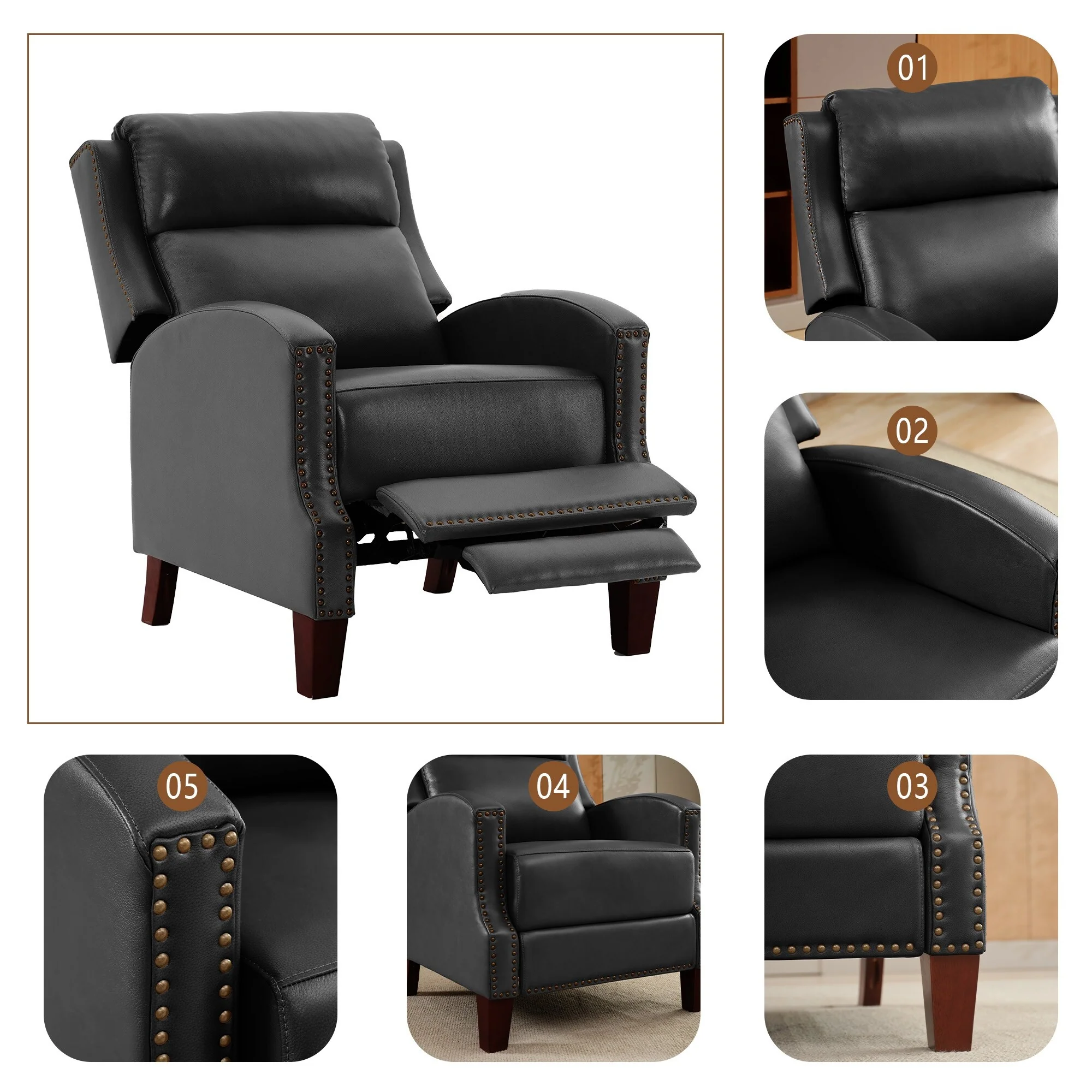 Genuine Leather Pushback Recliner with Multi-Angle Seat Back and Solid Wood Legs