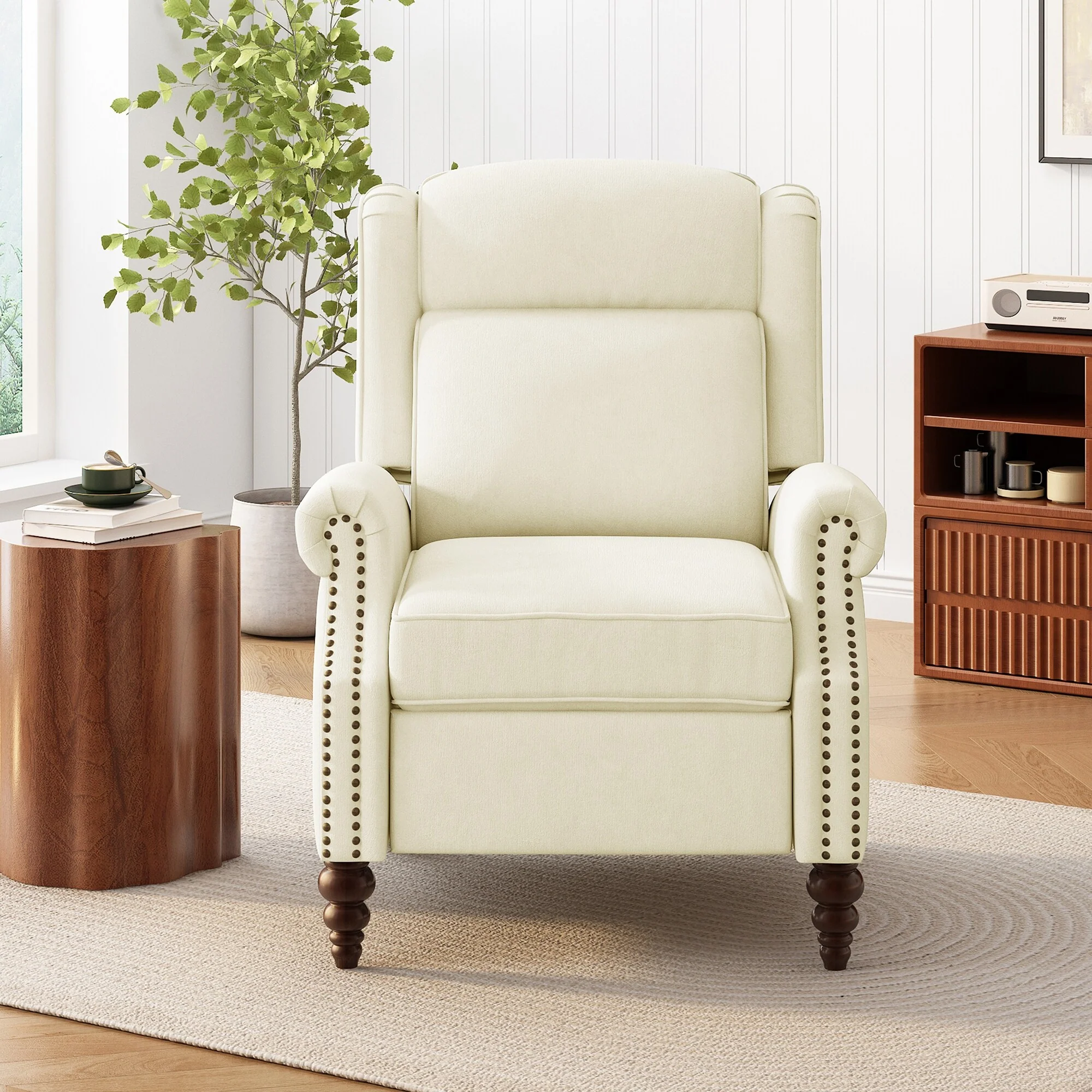 29.75 Push Back Recliner Chair Upholstered Recliner Armchair with Classic Wing Back and Solid Gourd-shaped Wooden Legs