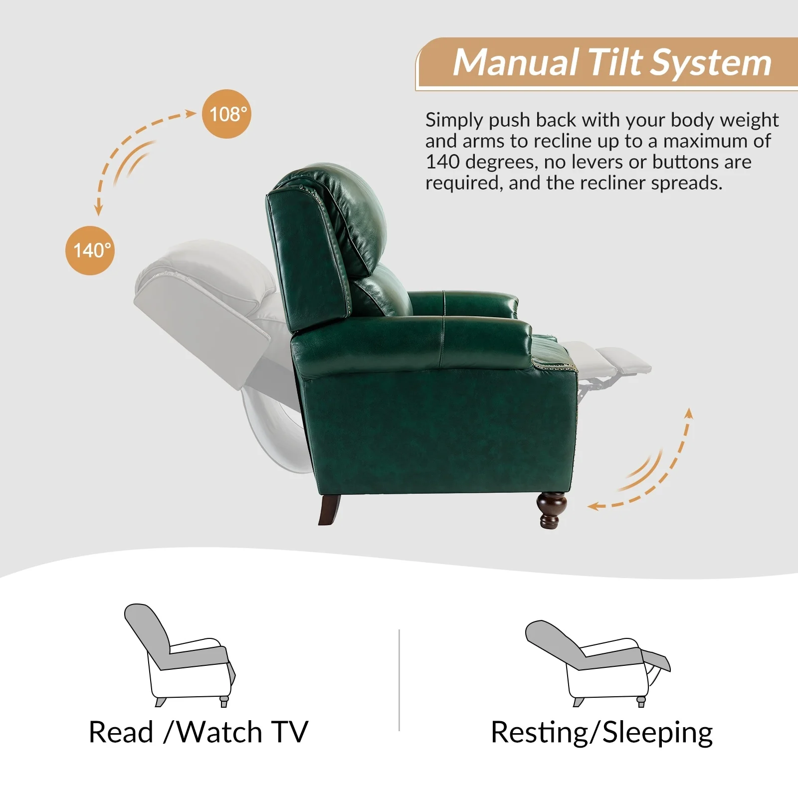 Gabriela Mid-Century Modern Genuine Leather Recliner Nail Head Trim Set of 2 by HULALA HOME