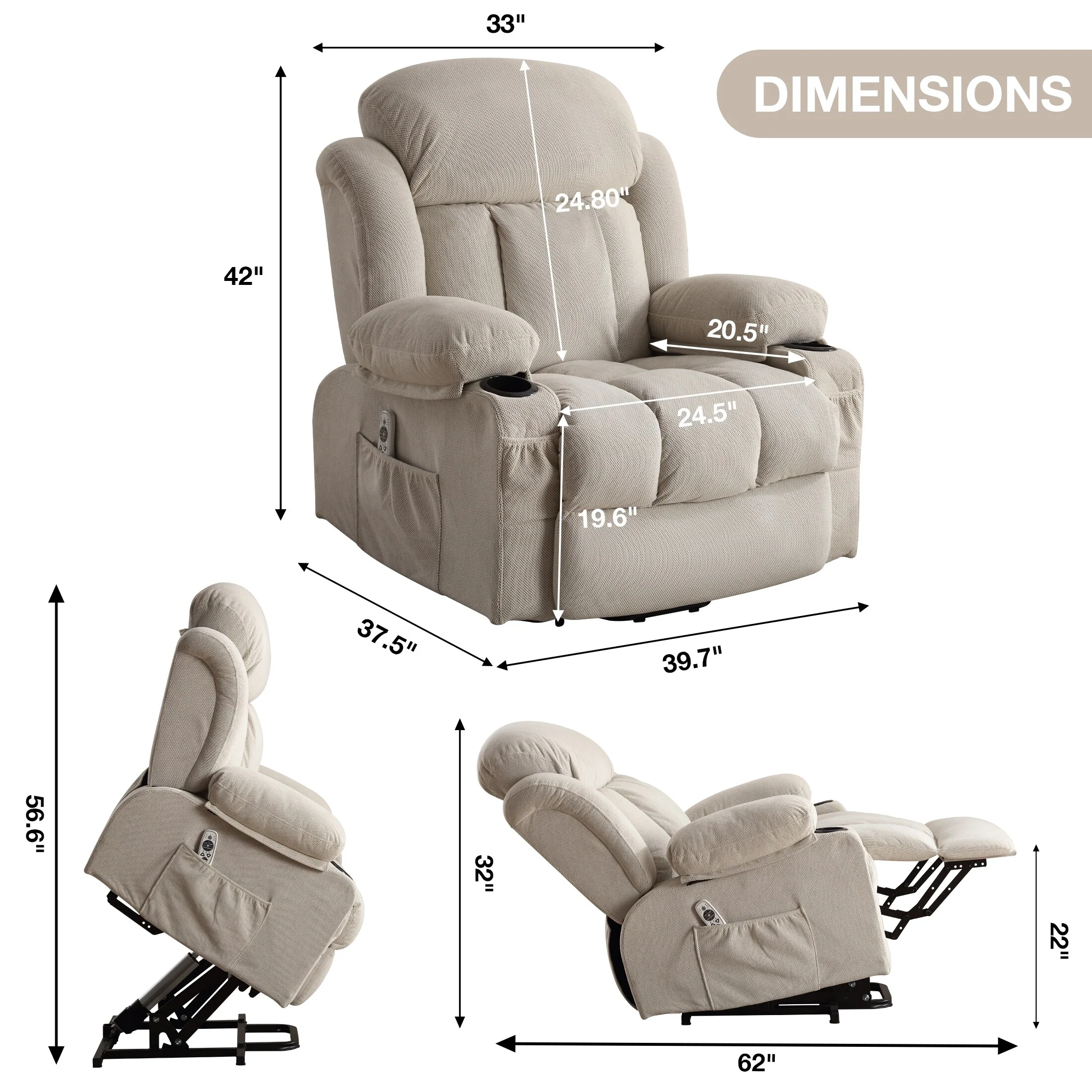 Beige Ergonomic Lift Recliner with Heated Massage, USB Charging, Side Pockets, and Easy Remote Control