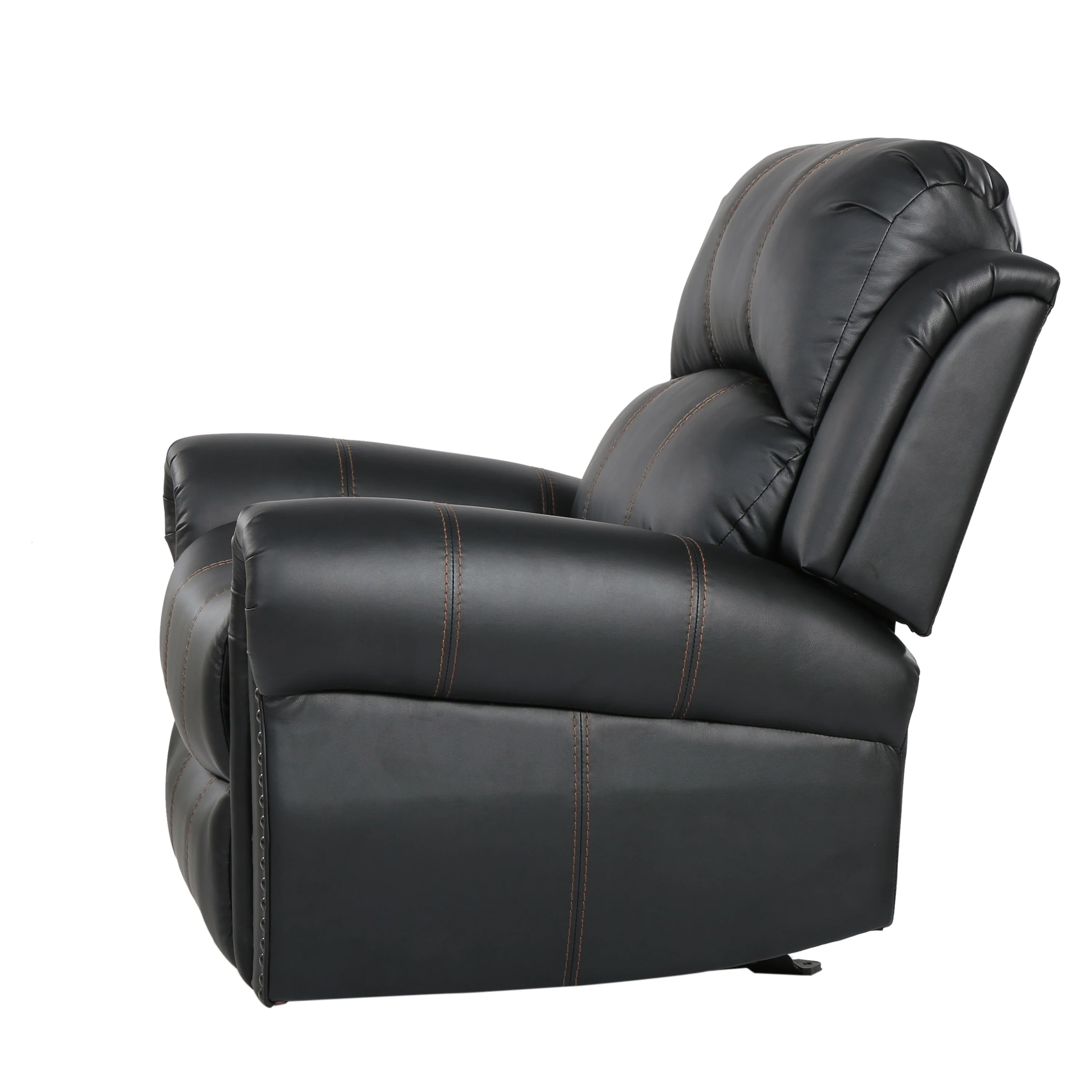 Manual Glider Recliner Chair with Faux Leather Upholstery - Rolled Arms, Nailhead Trim, Pushback Recline