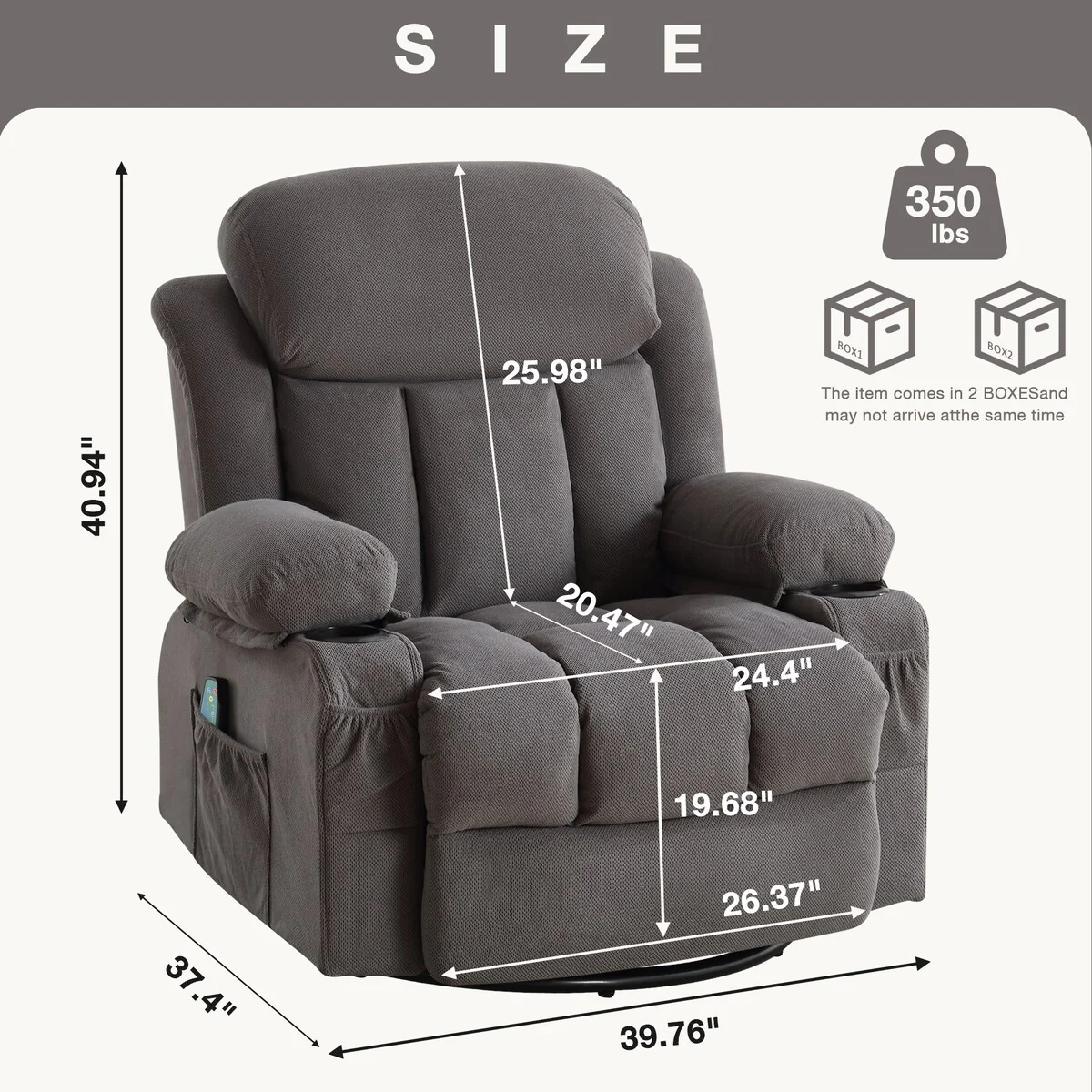 Swinging recliner massage heated sofa, with USB and 2 cup holders in side pockets, PackageA+B (BEIGE )