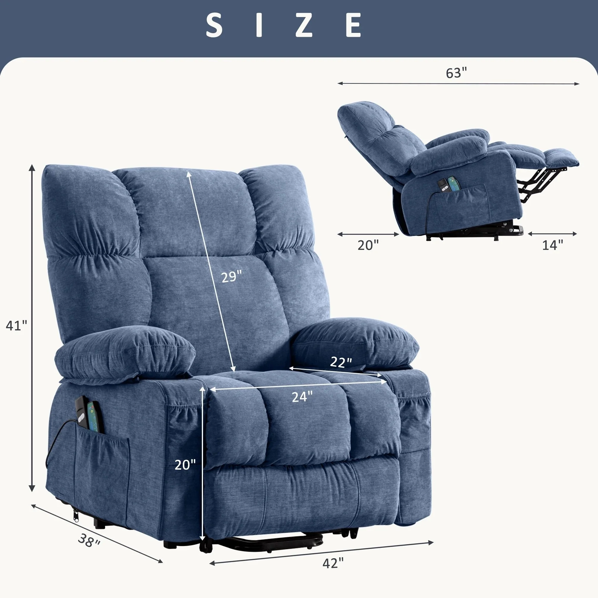 Blue Power Lift Recliner Chair with Heat, Massage, USB Charging, Side Pockets and Remote Control