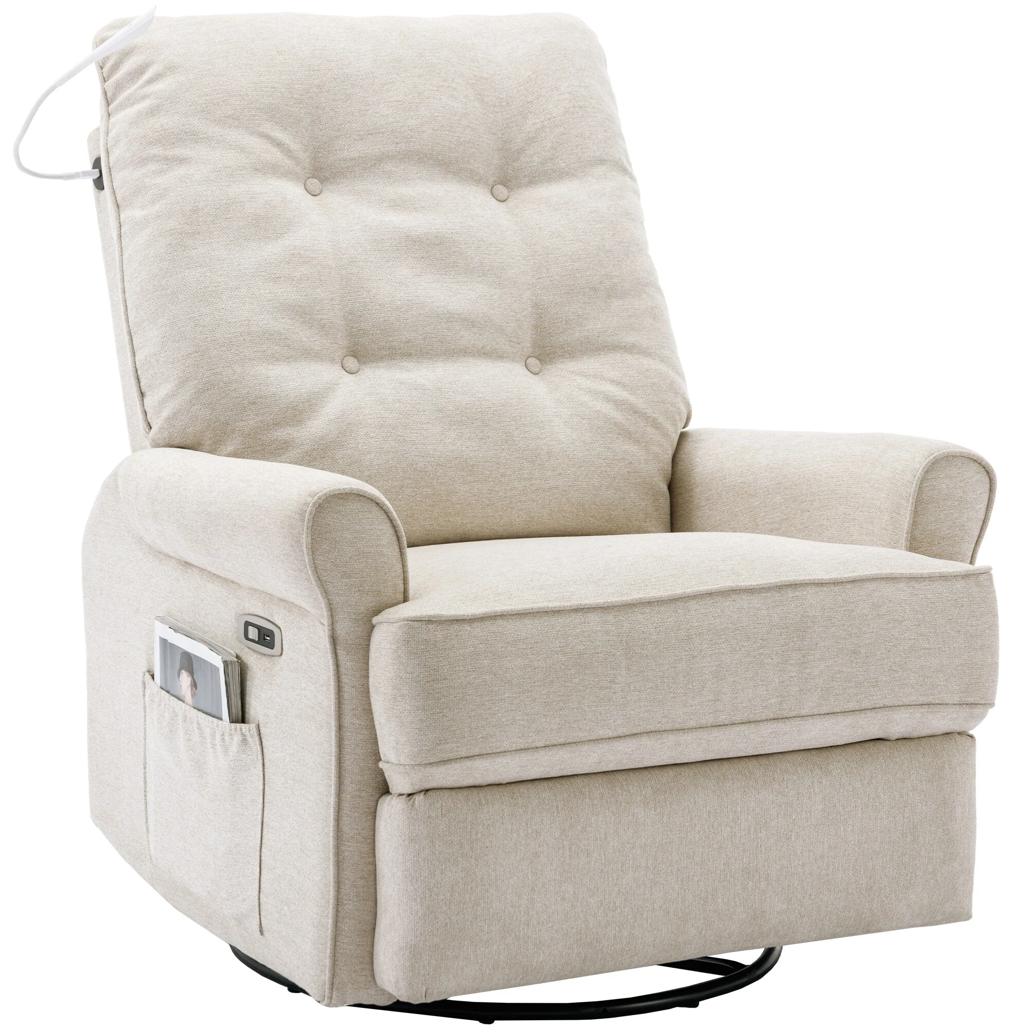 Beige 270�� Swivel Recliner with USB, Rocking Base, and Side Pocket