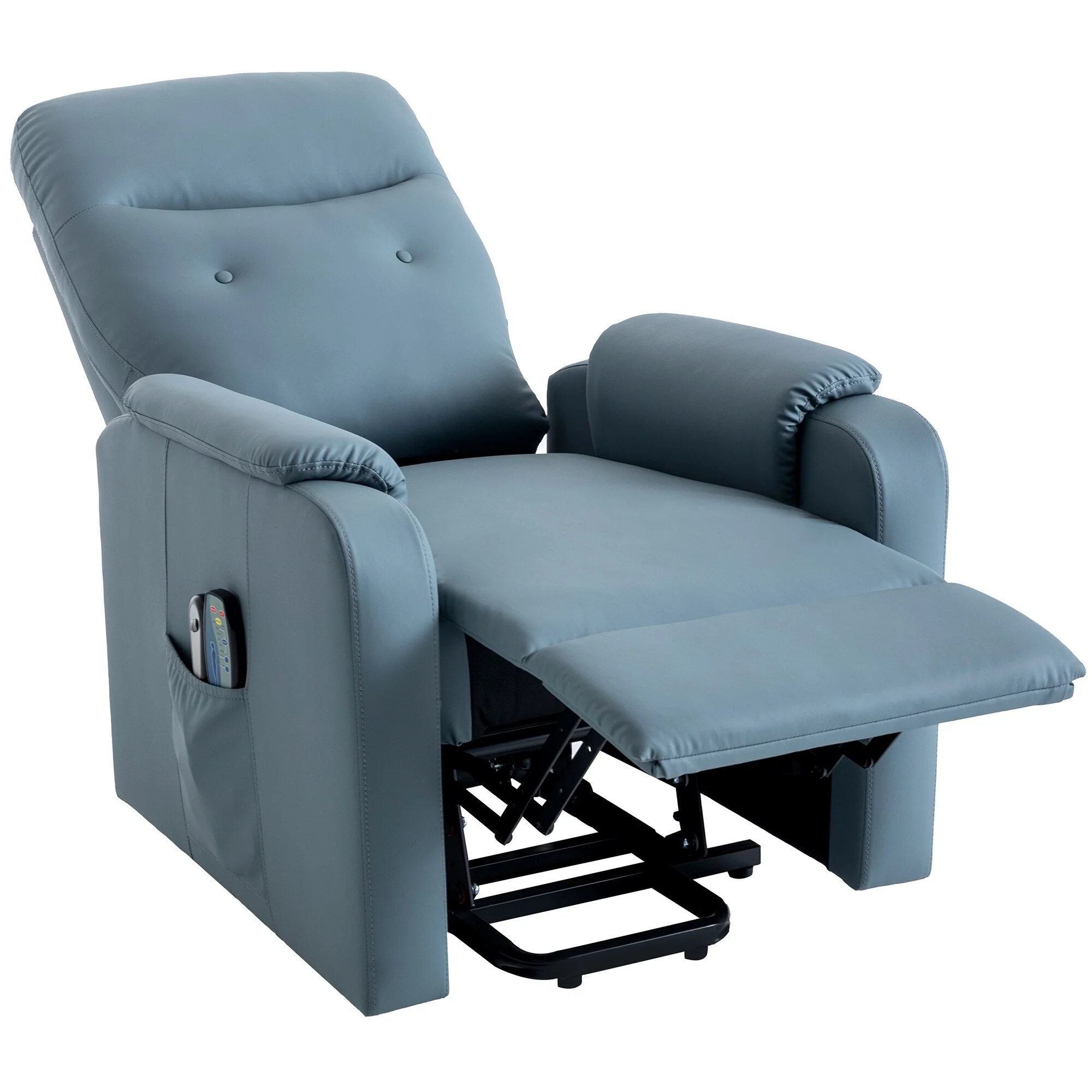 Blue Power Lift Recliner featuring Massage, Heating Function, Adjustable Settings, and Convenient Side Pocket