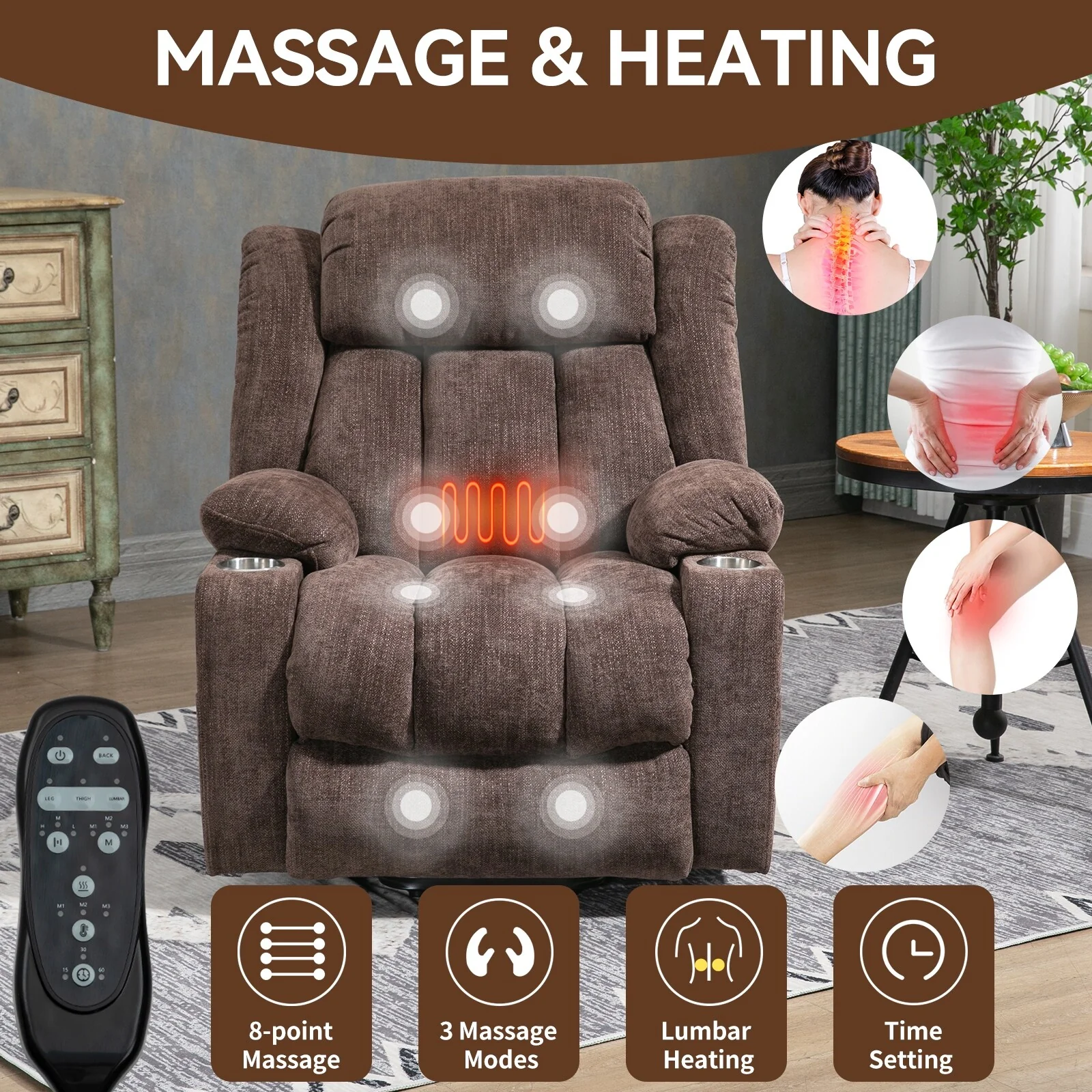 Electric Lift Recliner with Targeted Massage, Lumbar Heating, Dual USB Charging, and Stainless Steel Cup Holders