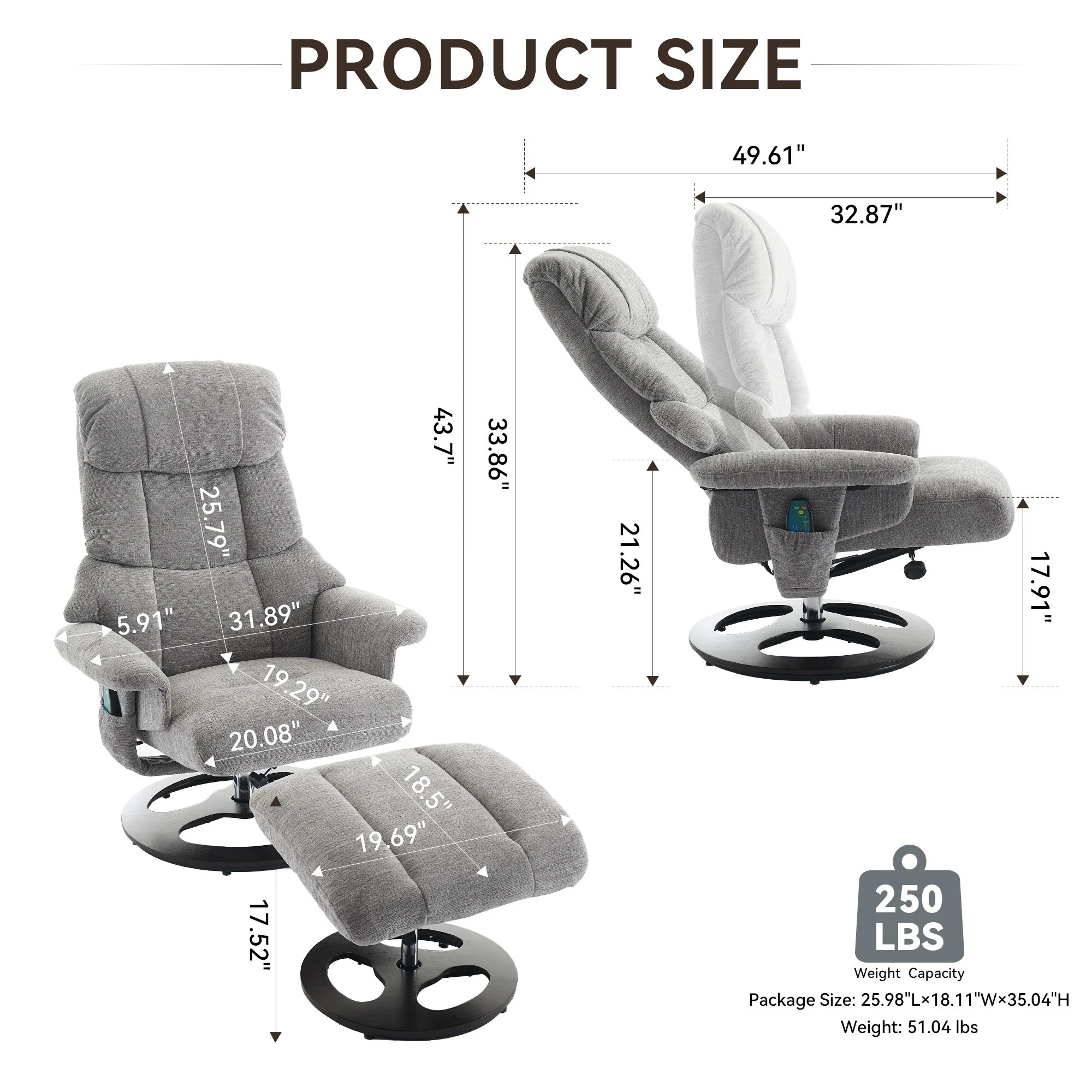 Modern 360�� Swivel Lounge Chair with Footstool, 5 Point Vibration Massage, Seat Heating & 140�� Adjustable Backrest