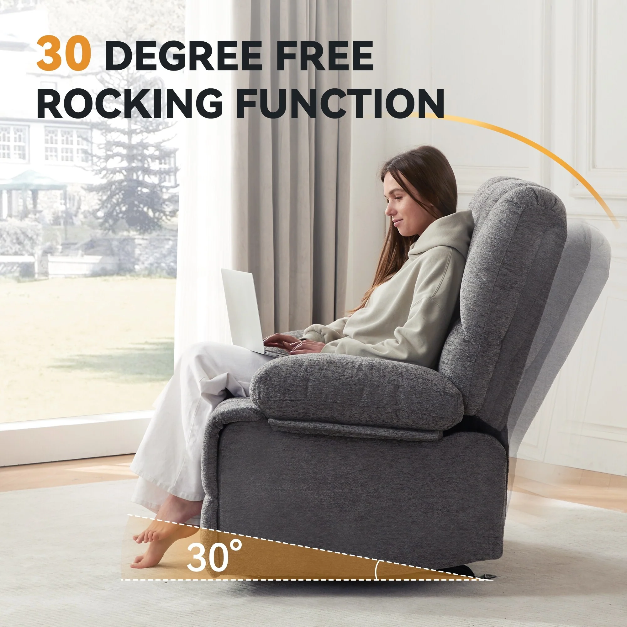 Grey Large Rocking Recliner Chair with 30�� Rocking Feature and 160�� Recline, Holds up to 350 lbs