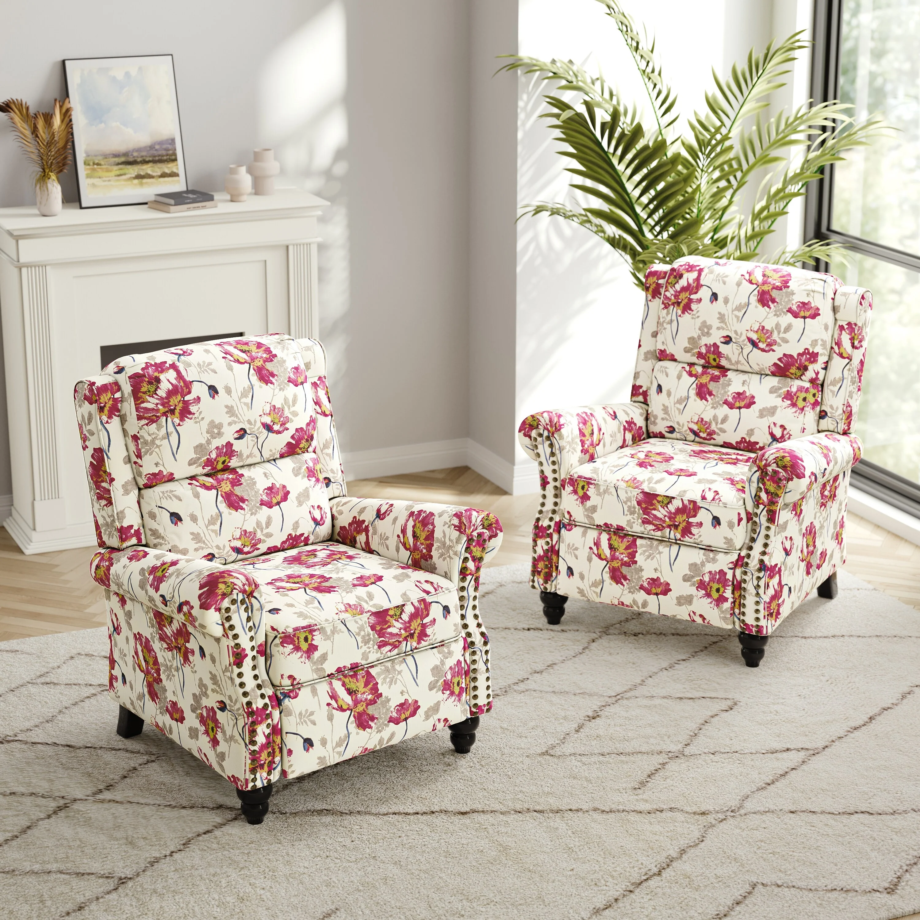 2 Set Nail-head Padded Seat Pushback Recliner Chair