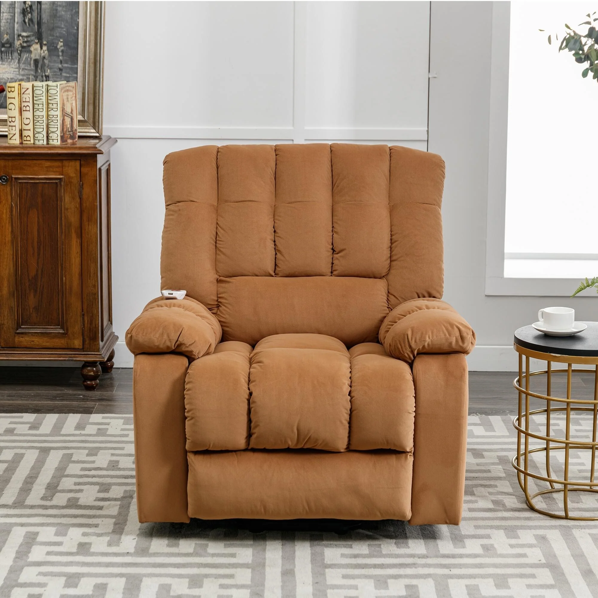 Beige Electric Power Lift Recliner with Heat, Vibration Massage, and Side Pocket Storage for Living Room Use