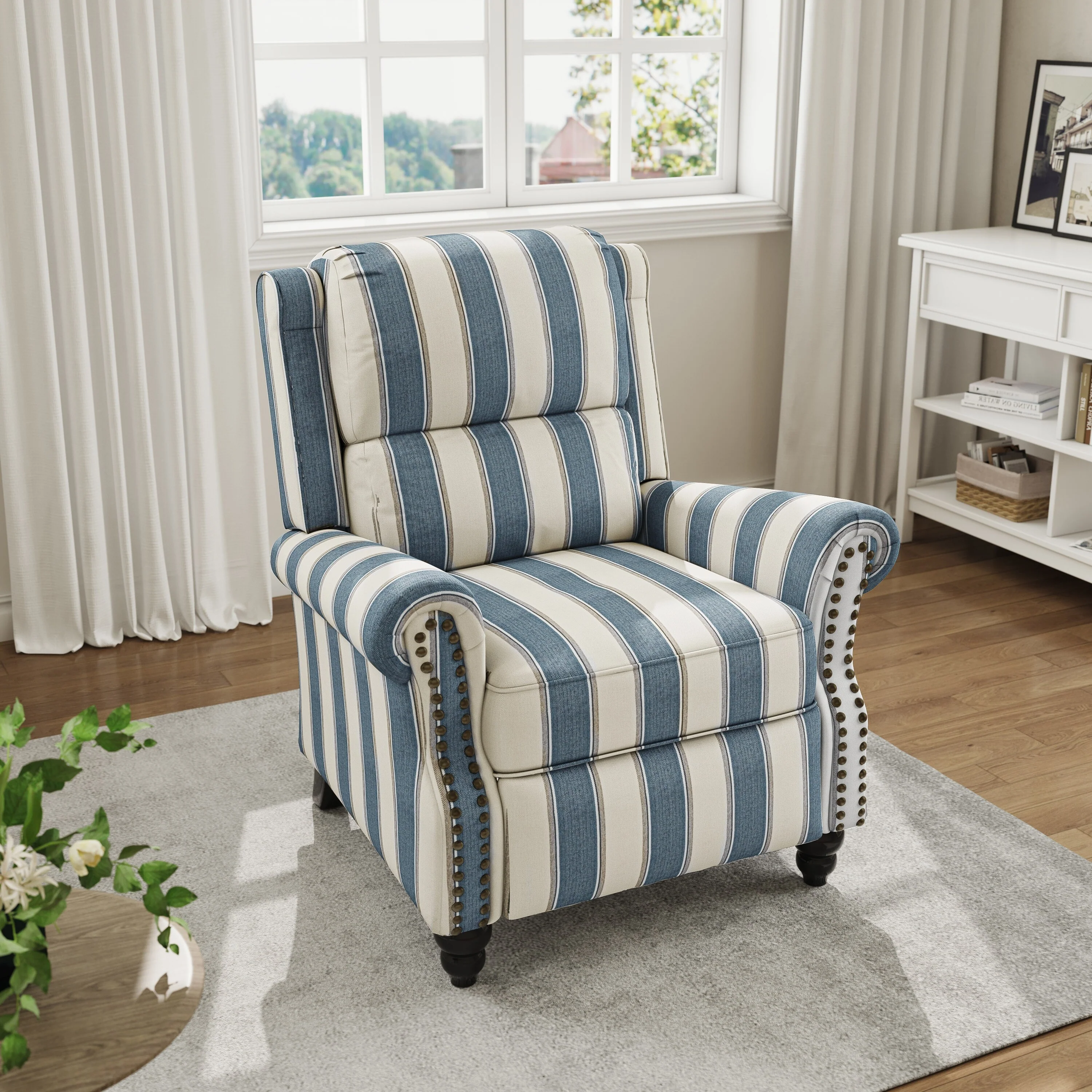 Mid-Century Nailhead Pu Leather Linen Recliner