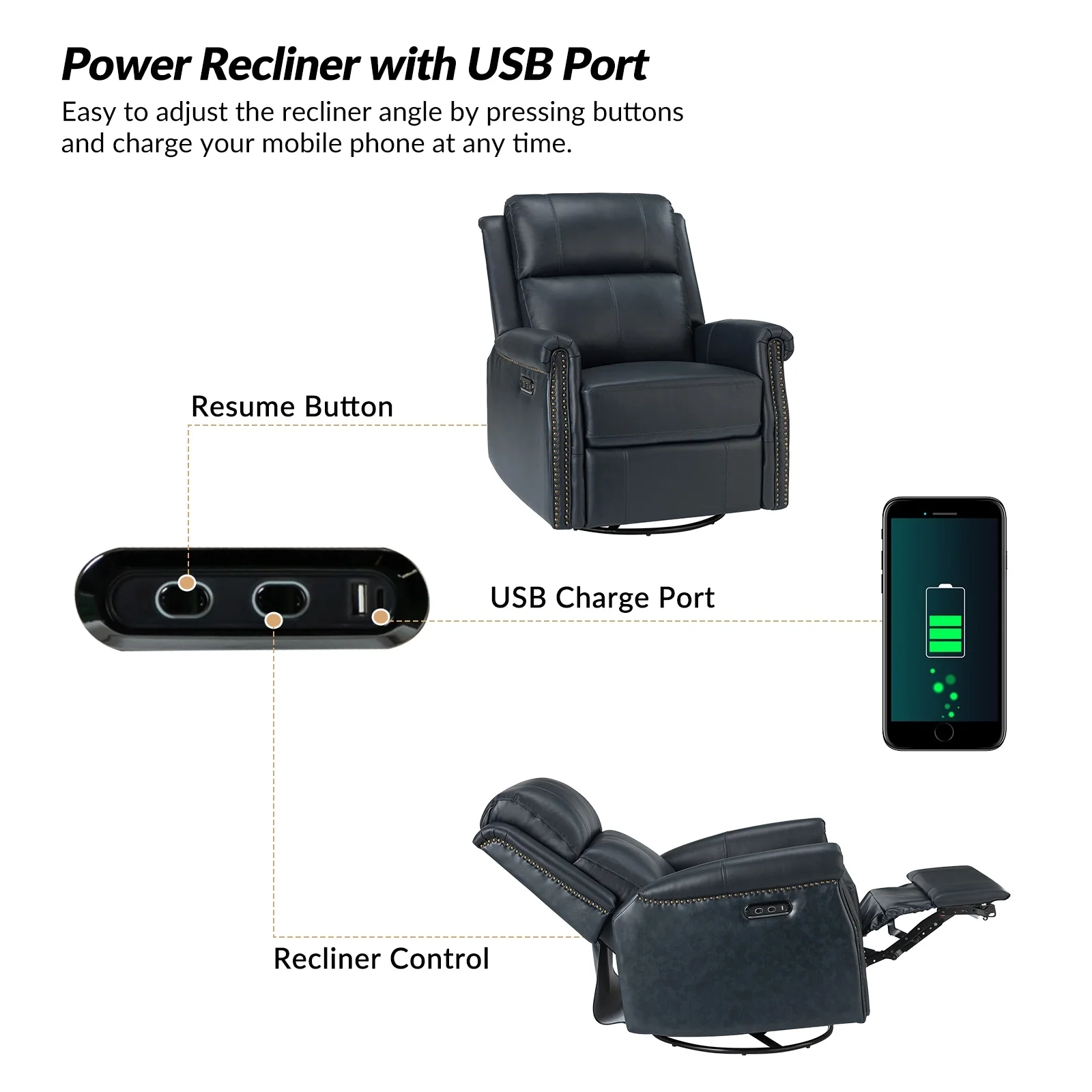 Renato Traditional Genuine Leather Nailhead Power Swivel Recliner Chair with Metal Base Set of 2 by HULALA HOME