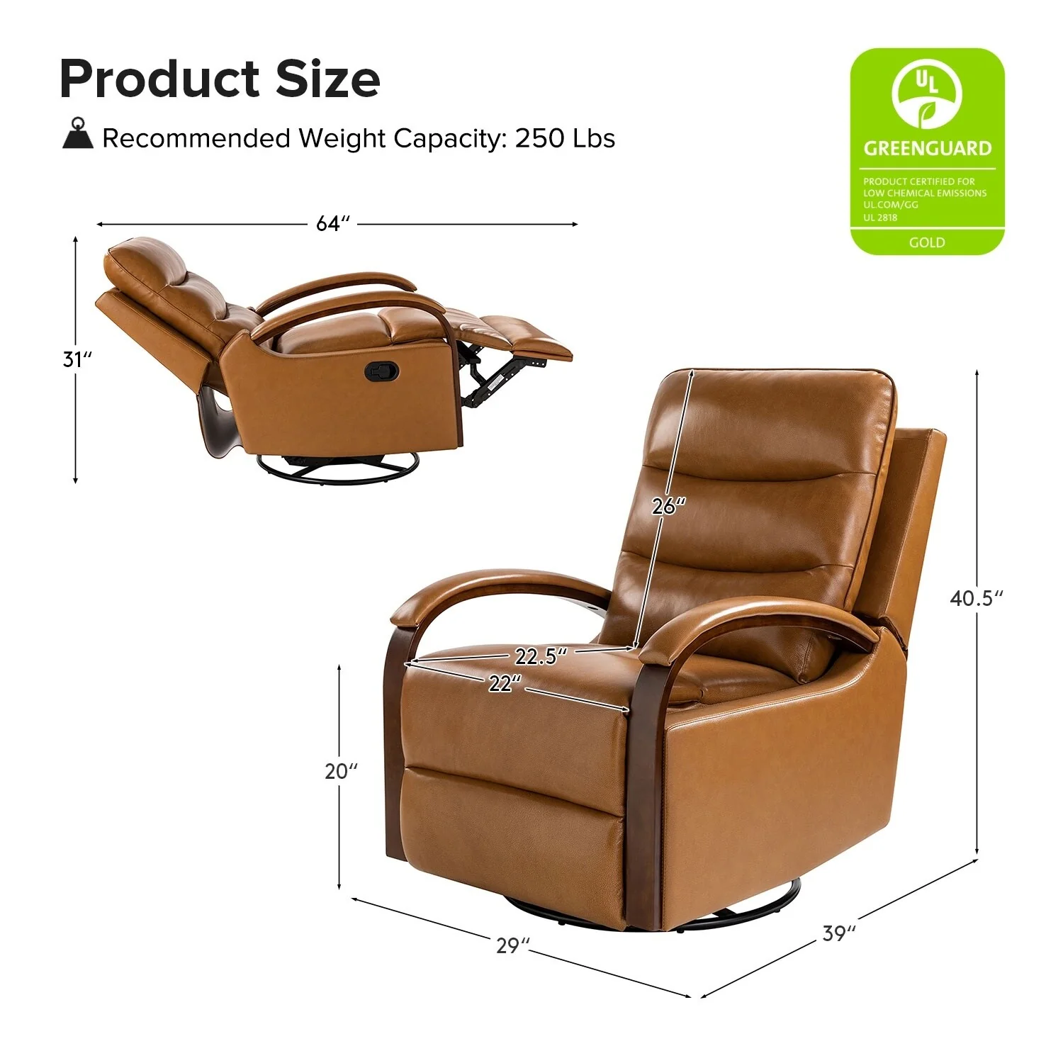 Leopold Genuine Leather Swivel Rocking Manual Recliner Chair with Wooden Arm Accents Set of 2 by HULALA HOME