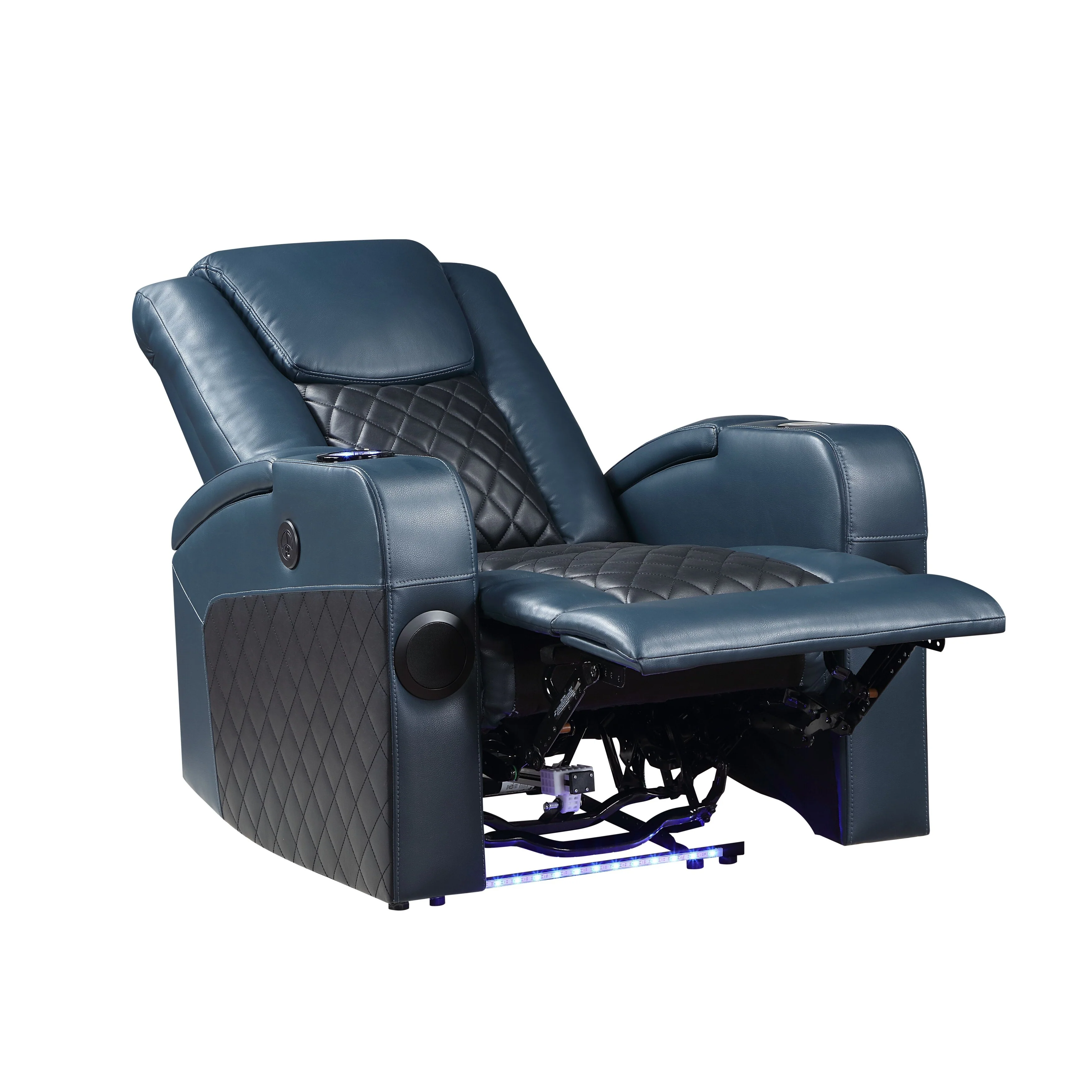 Alair Blue & Black Leather Aire Power Motion Recliner W/Bluetooth, Wireless Charger & Cupholder