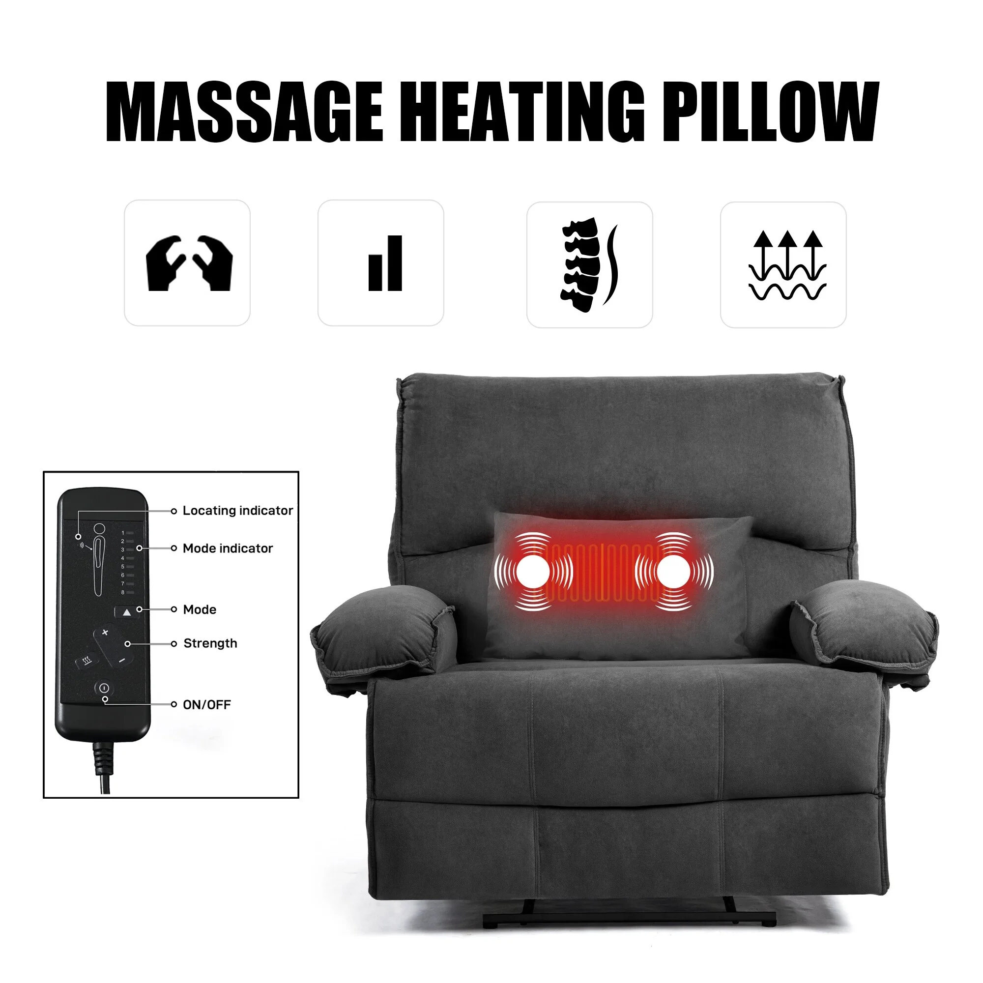 Grey Spacious Push-Back Recliner Sofa with Soft Fleece Upholstery and Heated Massage Pillow