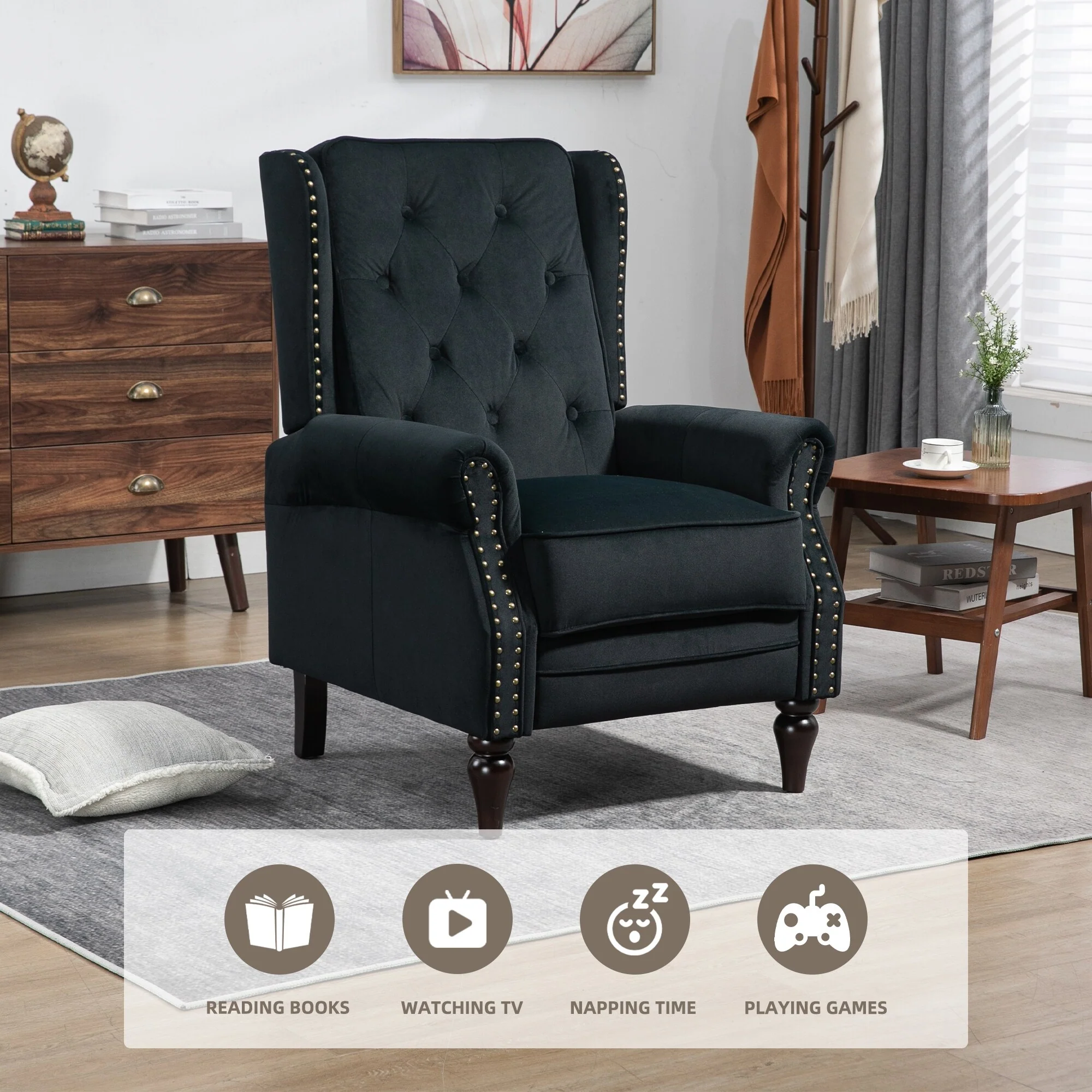 Velvet Upholstered Nailhead Tufted Recliner Chair with Black Legs