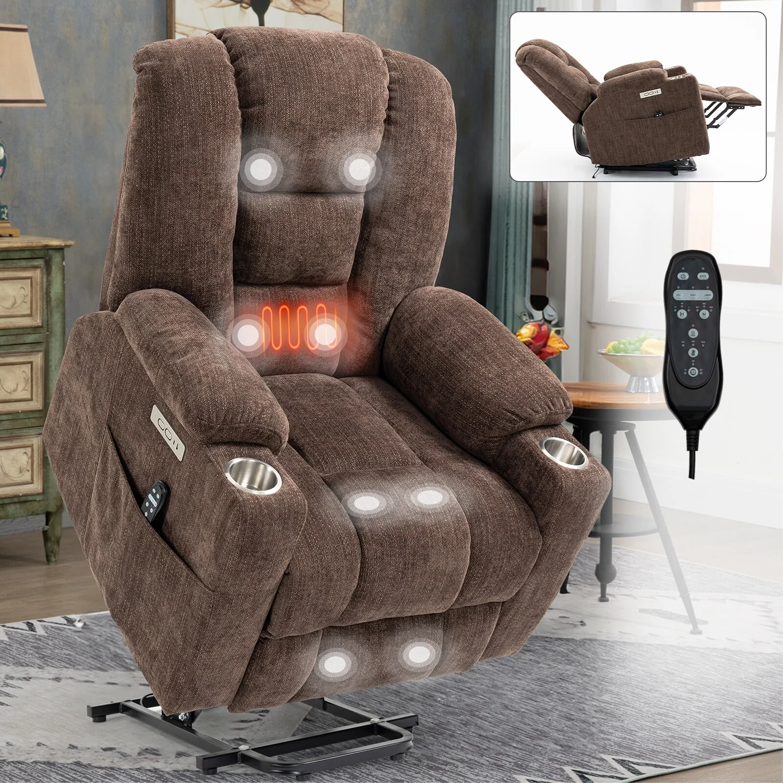 Power Lift Recliner Chair with Dual USB, Cup Holders & Chenille Fabric