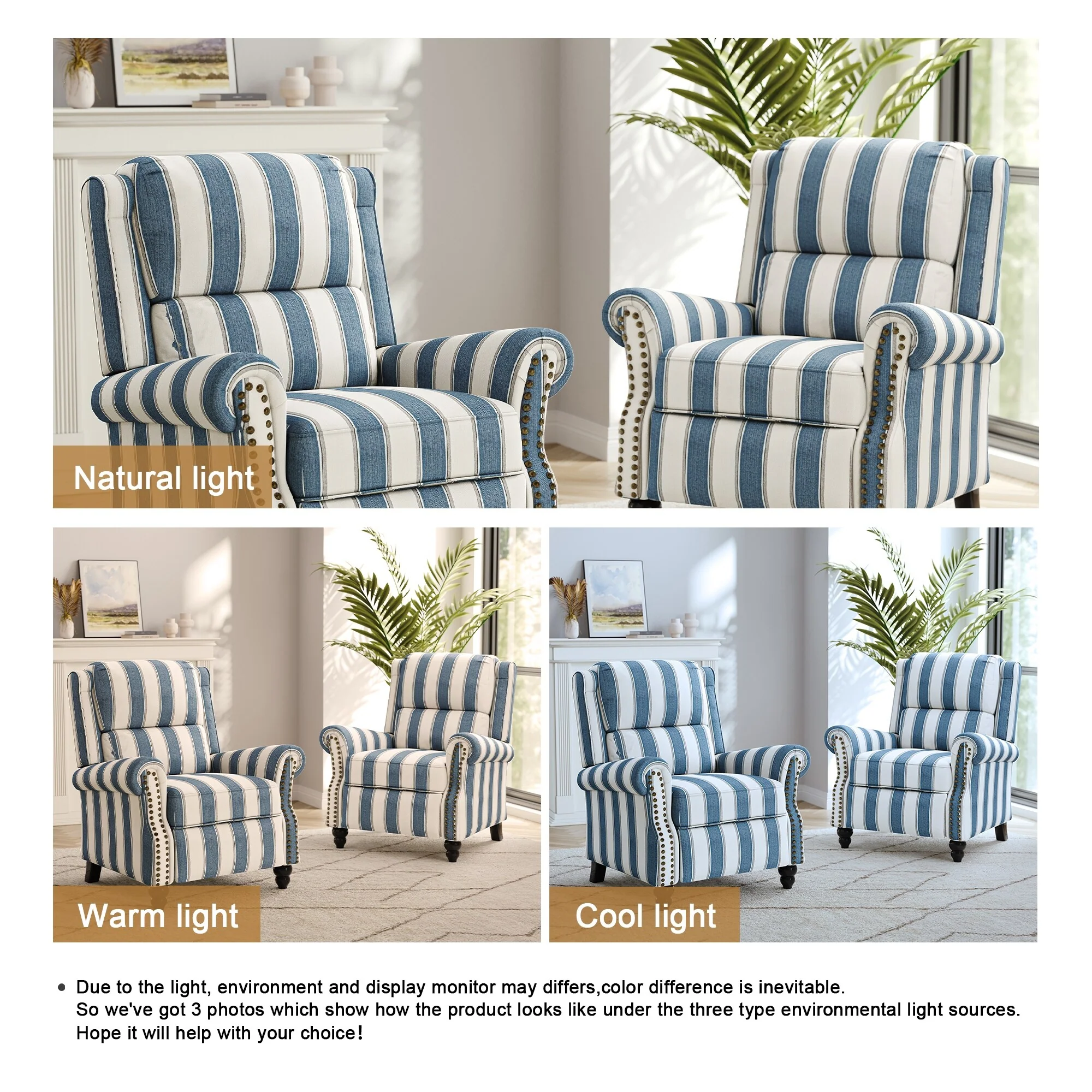 2 Set Nail-head Padded Seat Pushback Recliner Chair