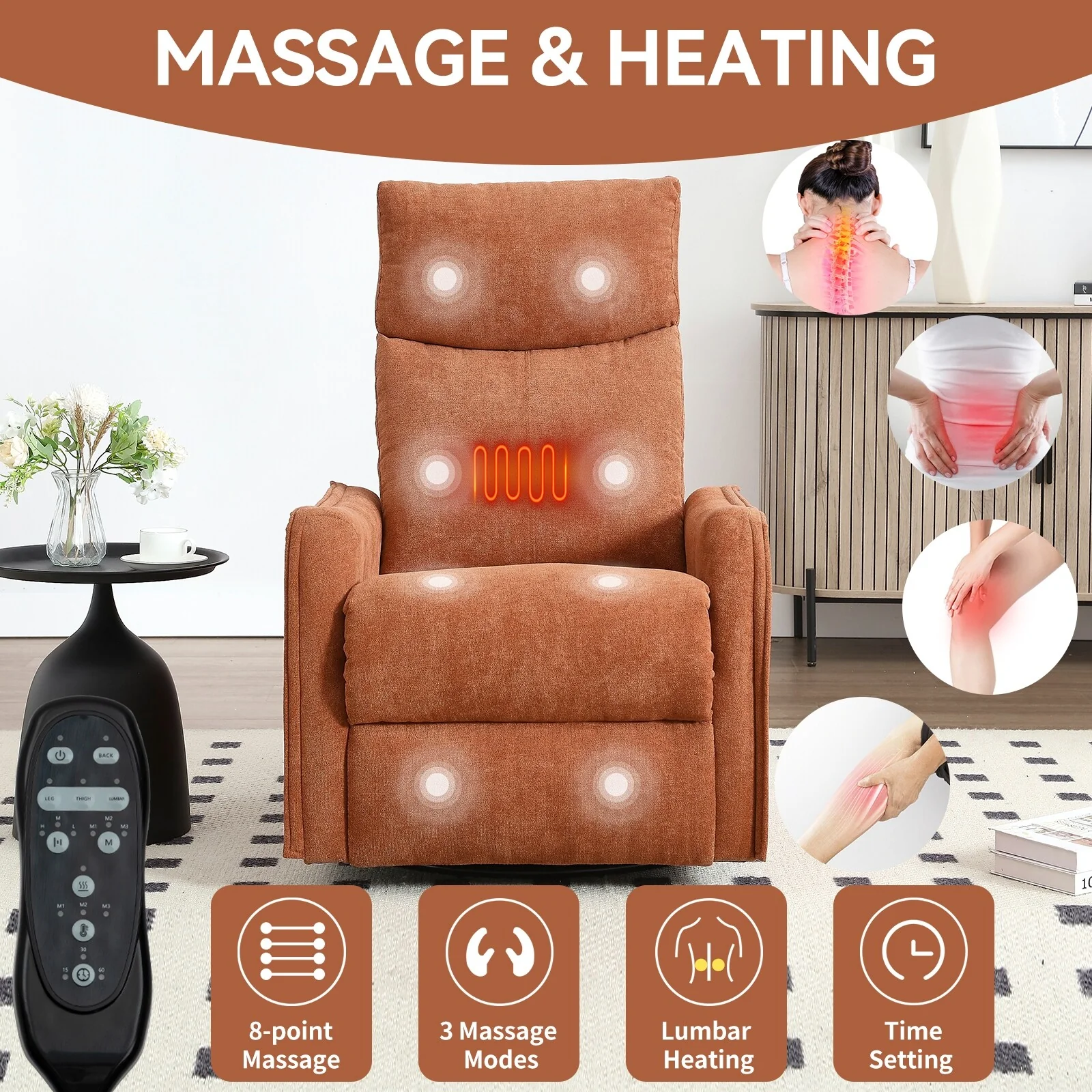 Heat Massage Manual Recliner Chair with Rocker and Swivel