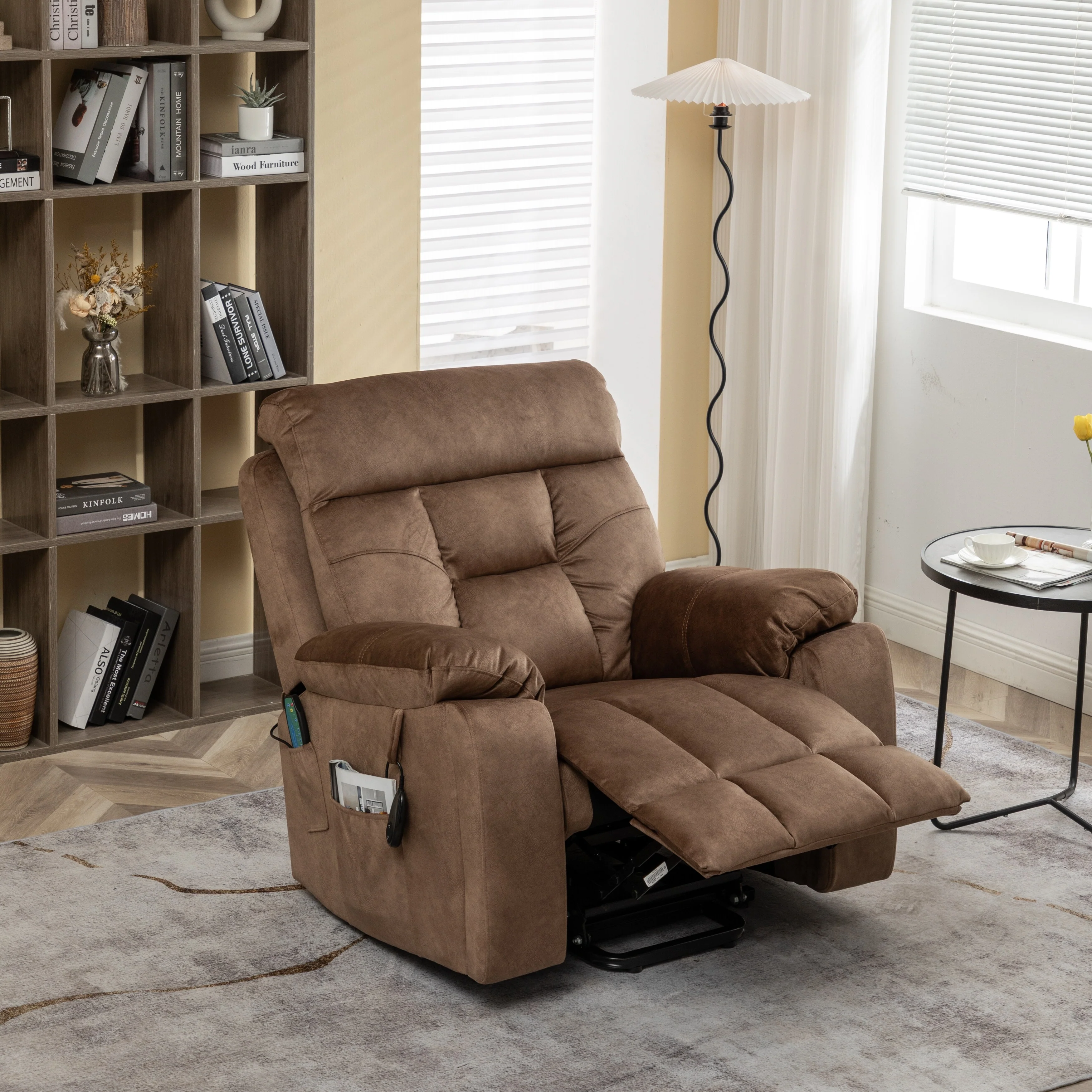 Brown Velvet Lift Recliner, Massage, Hidden Cup Holder, Pockets