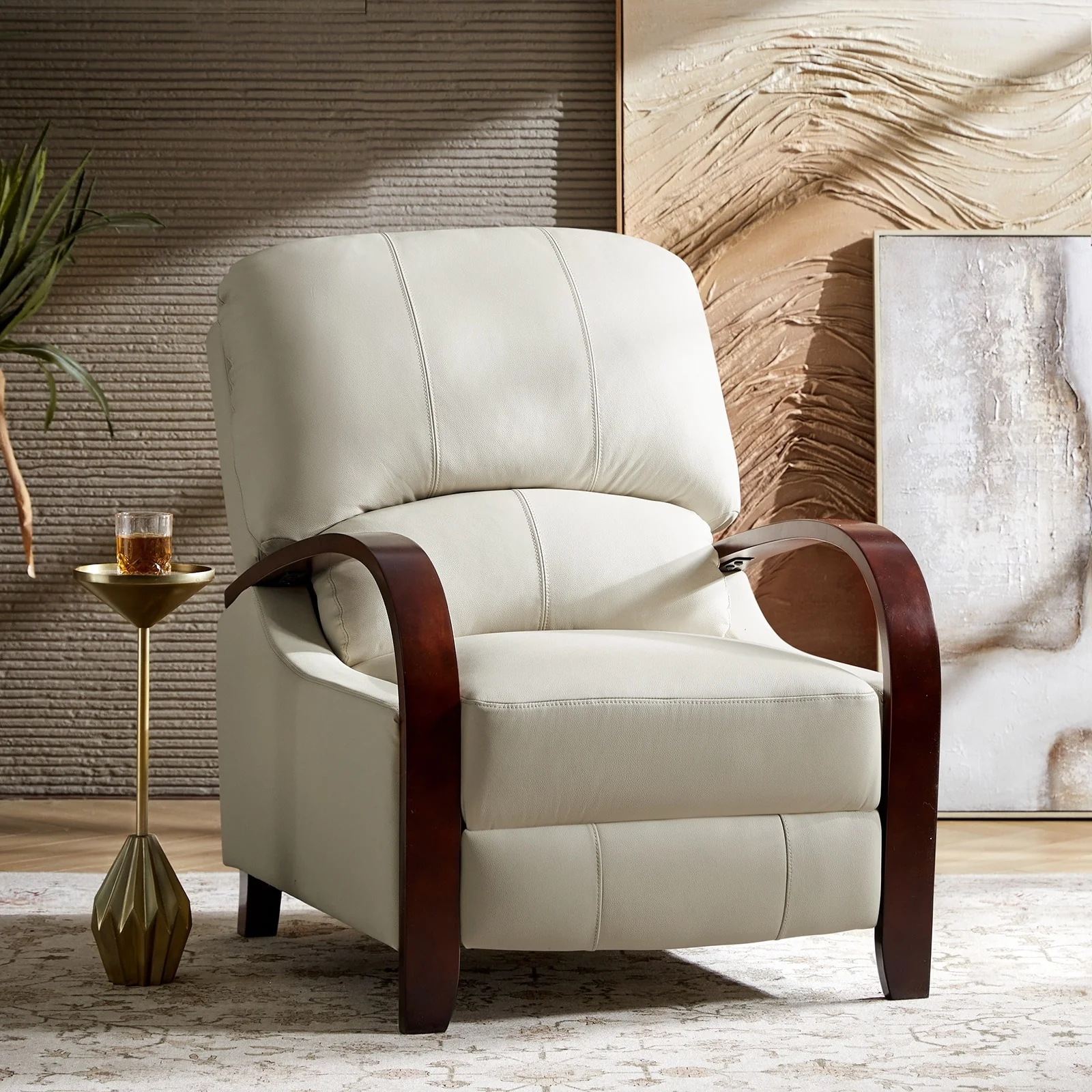Alex Mid-century Modern Cigar Genuine Leather Manual Recliner with Wooden Curved Arms