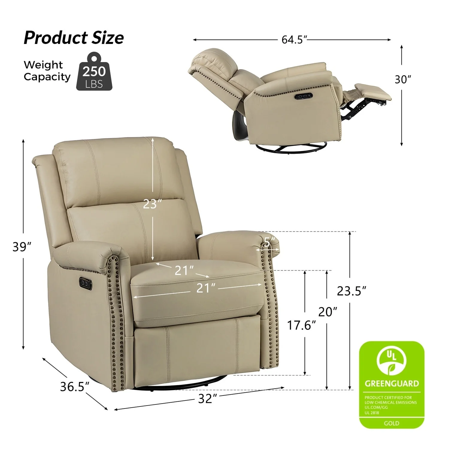 Renato Traditional Genuine Leather Nailhead Power Swivel Recliner Chair with Metal Base Set of 2 by HULALA HOME