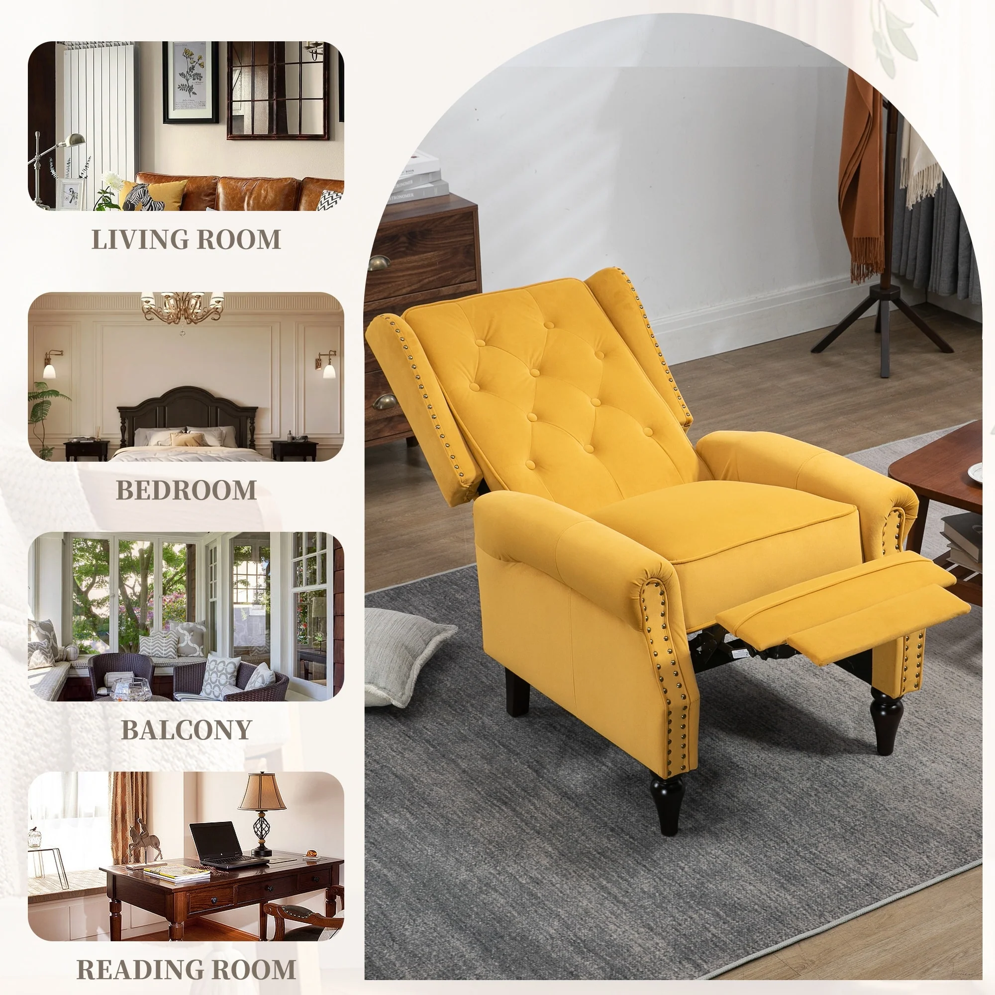 Velvet Upholstered Nailhead Tufted Recliner Chair with Black Legs