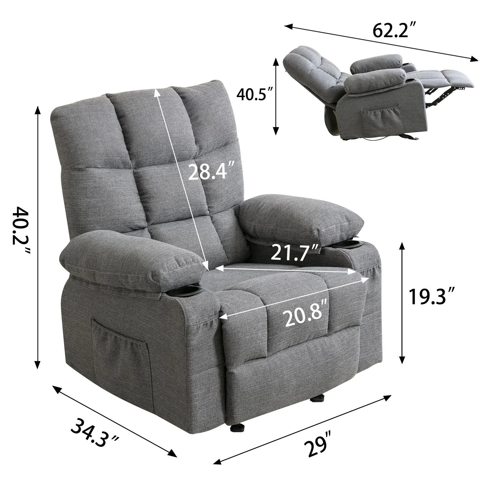 Grey Adjustable Recliner with Massage, Heating, USB, and Cup Holders