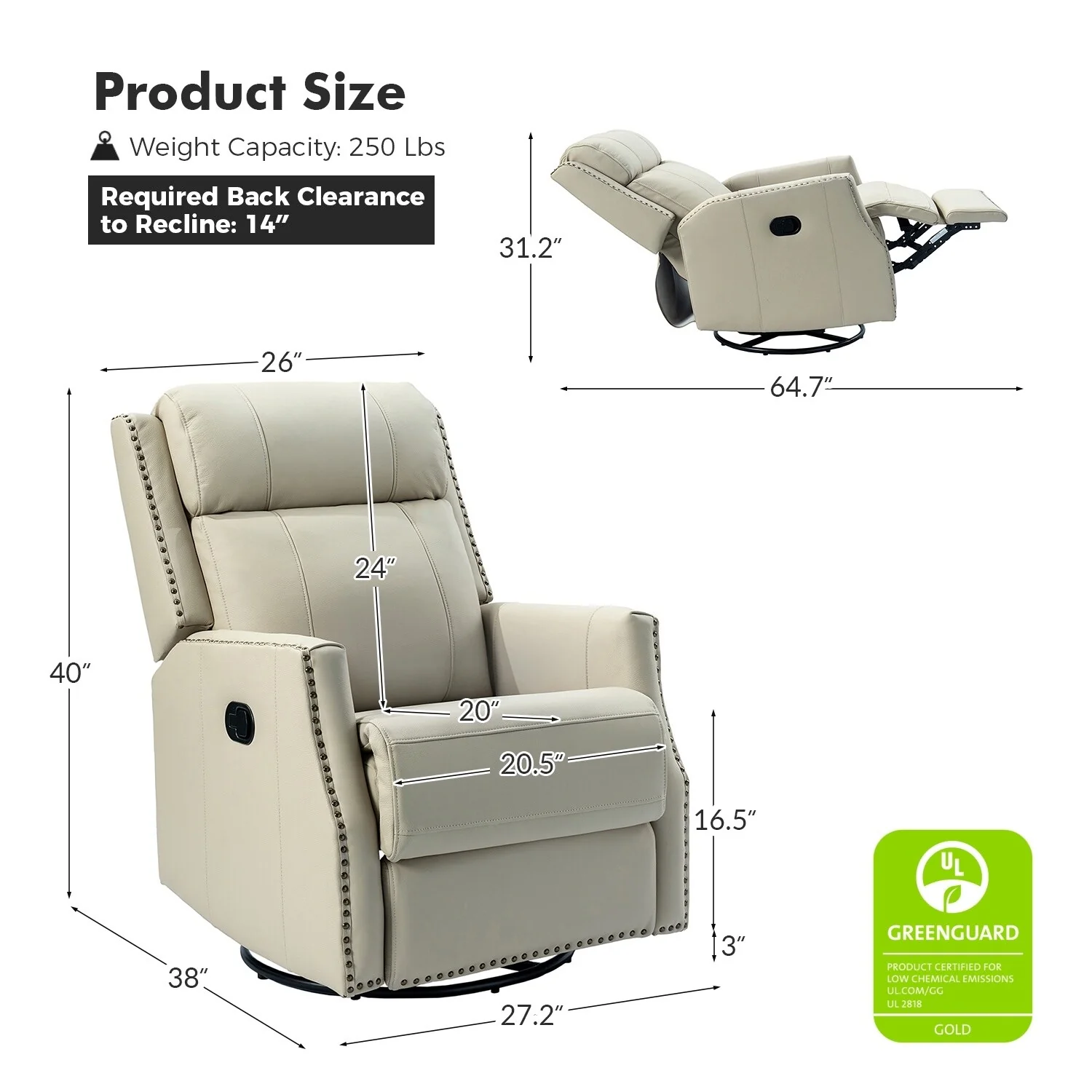 Demeter modern Genuine Leather Swivel Nursery Chair with Nailhead Trims Set of 2 by HULALA HOME