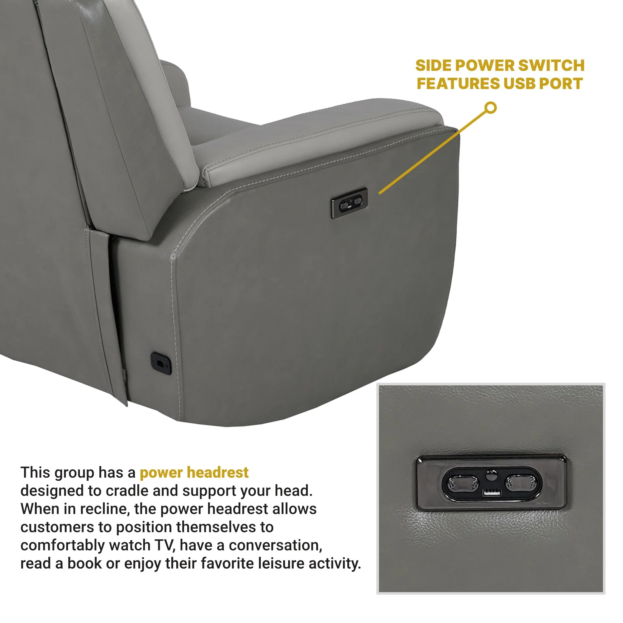 Rosalyn Zero Gravity Silver and Gray Leather Power Recliner with Power Headrest