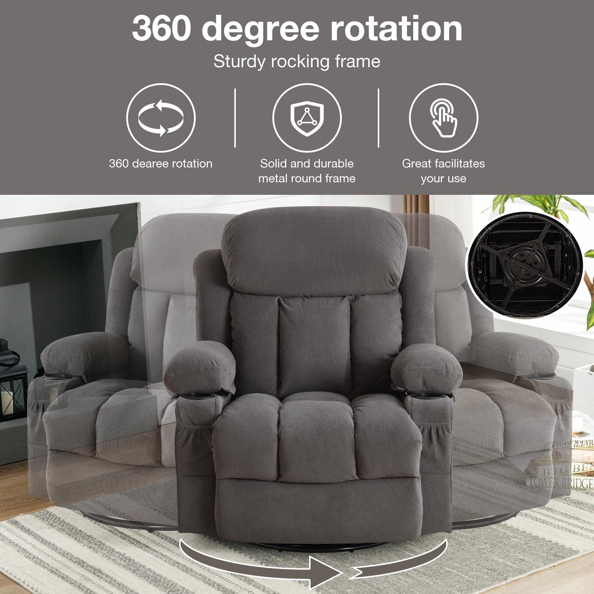 Swinging Recliner Massage Heated Sofa, with USB and 2 Cup Holders in Side Pockets
